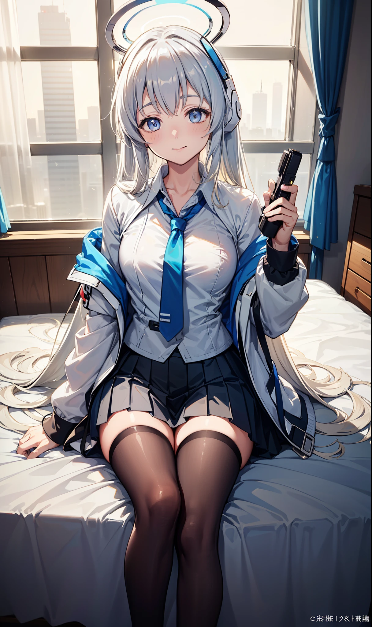 (Exquisite Ushio Noa), 8K, Ultra-high resolution, (masterpiece:1.2), (, Delicate and beautiful eyes), Extremely subtle, solitary, Real light and shadow, Eternal, Natural Movement, rest (Blue tie, White shirt, Open front jacket, Long sleeve, White skirt, Pleated skirt black tights), Mechanical housing，bedroom，Dark，Holding a pistol