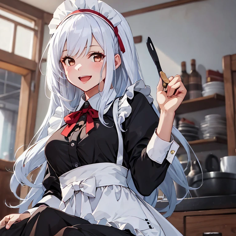 shoukaku_kantaicollection,
long_hair, hairband, white_hair, brown_eyes, smile, headband,
(masterpiece:1.4),(best quality:1.4), (premium:1.4), (great illustration:1.4), (ultra-detailed:1.4),(art CG, 8K),KonishiCSA,1girl solo, full body, 
maid_cosplay, solo, enmaided, simple background, looking at viewer, long sleeves, 1girl, maid headdress, bangs, apron, long hair, maid, one side up, smile, open mouth, maid apron, white apron,