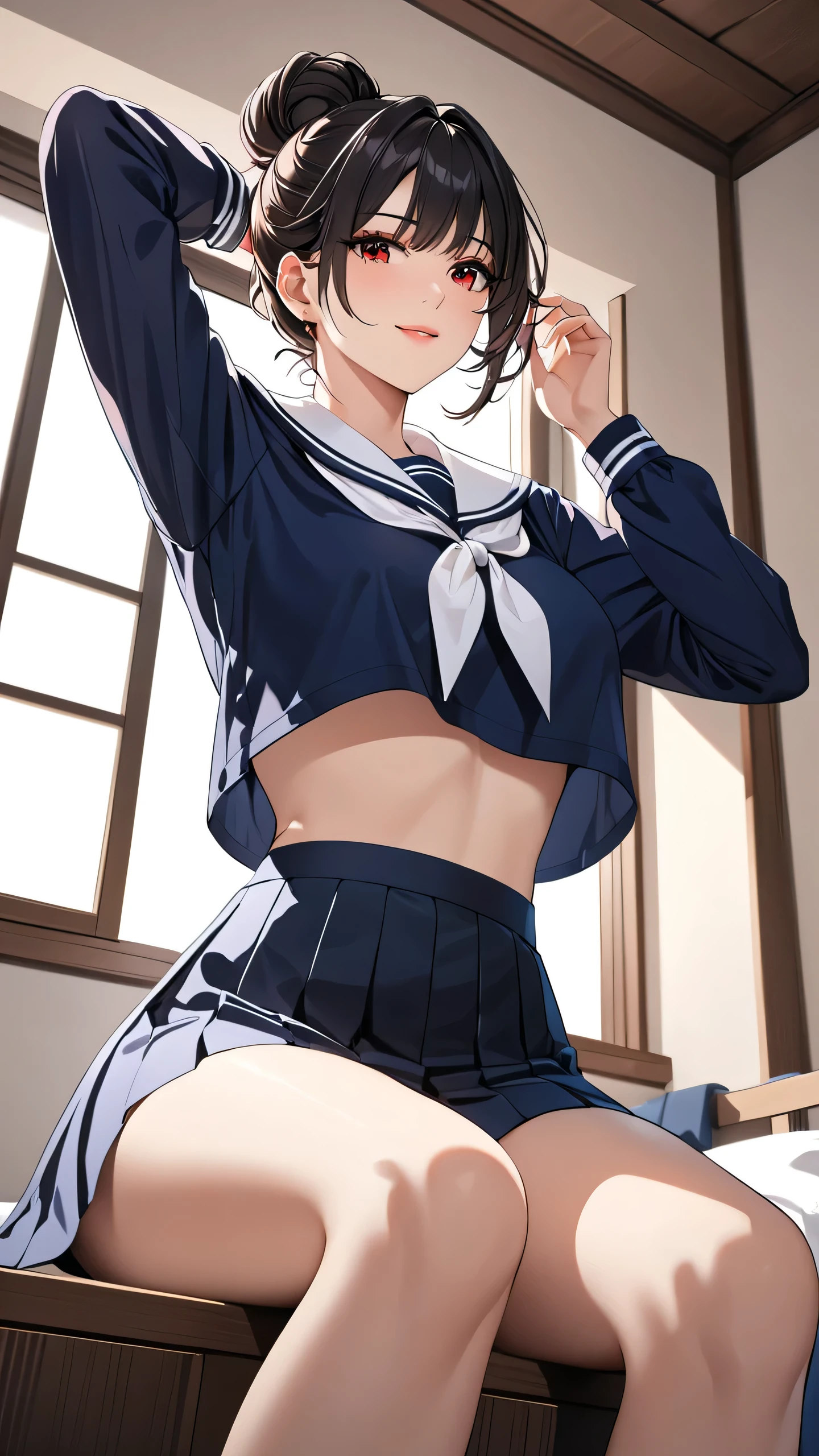 Highest quality masterpiece High resolution masterpiece, black messy bun hair, Red Eyes, , wearing long sleeves sailor uniform, seductive smile, tight, bedroom, crop top ovehang, mature female, , skirt, , adjusting hair, sexy body, make up, sit, look from below