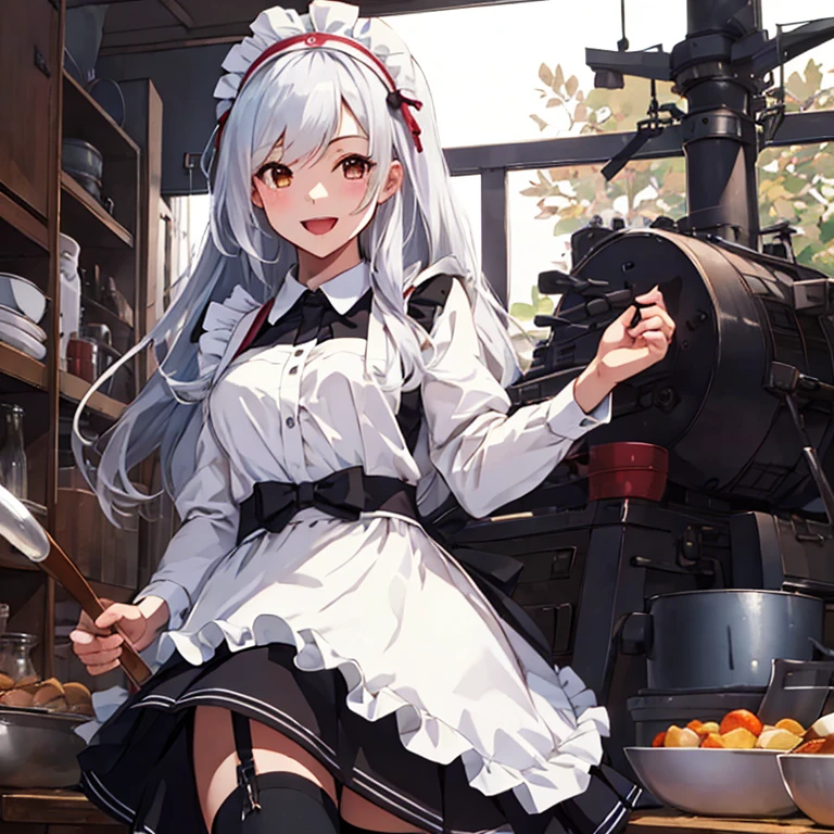 shoukaku_kantaicollection,
long_hair, hairband, white_hair, brown_eyes, smile, headband,
(masterpiece:1.4),(best quality:1.4), (premium:1.4), (great illustration:1.4), (ultra-detailed:1.4),(art CG, 8K),KonishiCSA,1girl solo, full body, 
maid_cosplay, solo, enmaided, simple background, looking at viewer, long sleeves, 1girl, maid headdress, bangs, apron, long hair, maid, one side up, smile, open mouth, maid apron, white apron,