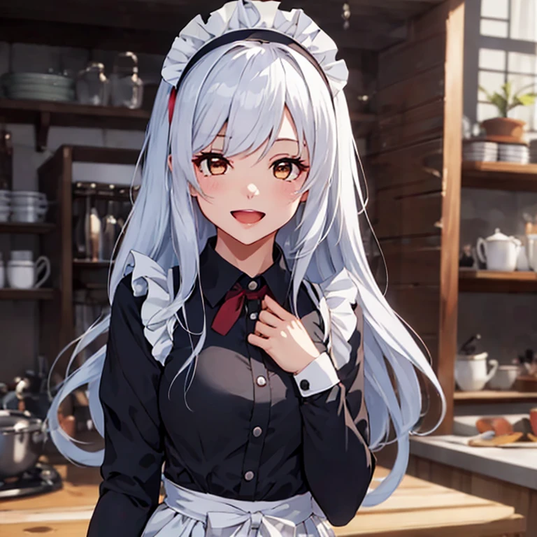 shoukaku_kantaicollection,
long_hair, hairband, white_hair, brown_eyes, smile, headband,
(masterpiece:1.4),(best quality:1.4), (premium:1.4), (great illustration:1.4), (ultra-detailed:1.4),(art CG, 8K),KonishiCSA,1girl solo, full body, 
maid_cosplay, solo, enmaided, simple background, looking at viewer, long sleeves, 1girl, maid headdress, bangs, apron, long hair, maid, one side up, smile, open mouth, maid apron, white apron,