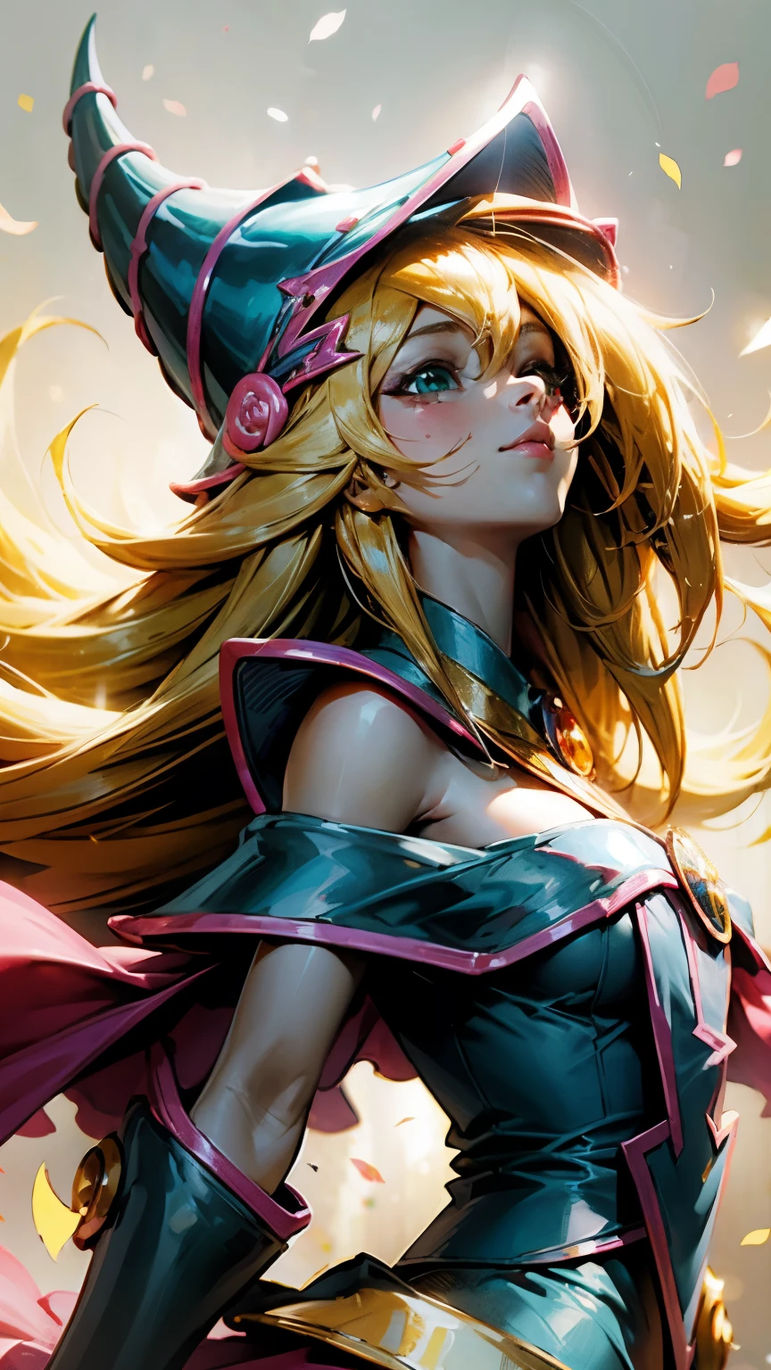 Retrato dark magician girls、、expresión bright、Horse tail、young, Glossy, bright, White skin、cheek highlighting、The best beauty、Clear, silky blonde hair with dazzling highlights、Cabello bright y bright,、Super Long Silky Straight Hair、Flequillo hermoso y bright、Grandes ojos azules brights como joyas brights.、very beautiful pretty pretty  girl、wide bust