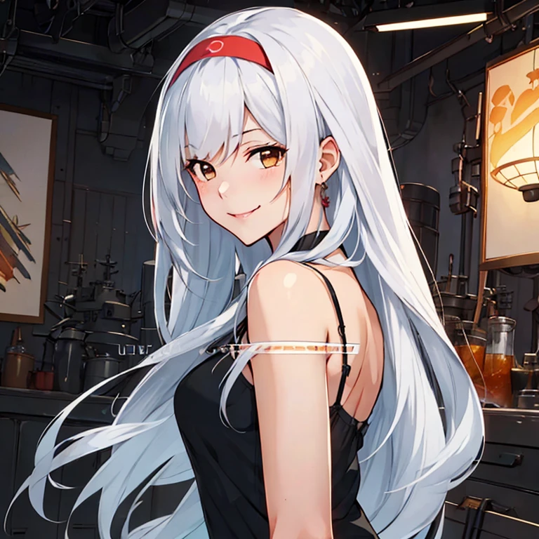 shoukaku_kantaicollection,
long_hair, hairband, white_hair, brown_eyes, smile, headband,
(masterpiece:1.4),(best quality:1.4), (premium:1.4), (great illustration:1.4), (ultra-detailed:1.4),(art CG, 8K),KonishiCSA,1girl solo, full body, 
camisole,