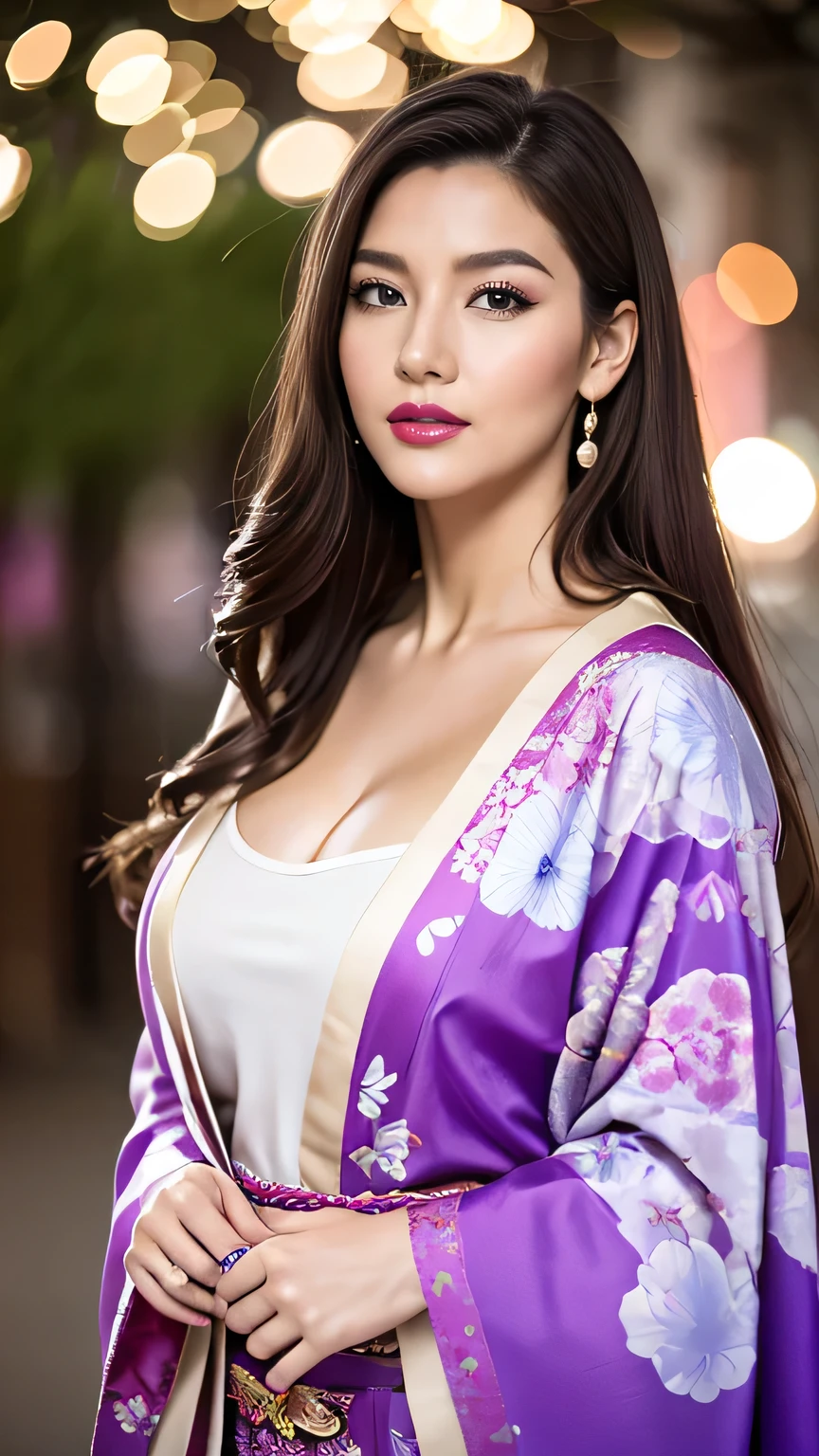 Realistic, Highest quality, 8k, woman, 20-year-old, Sakura pattern kimono, Large Bust, Long Hair, Ultra-detailed skin textures, Soft Lighting, Fairy, Bokeh, purple Lipstick, Sensual Lipstick, Sensational Make up 