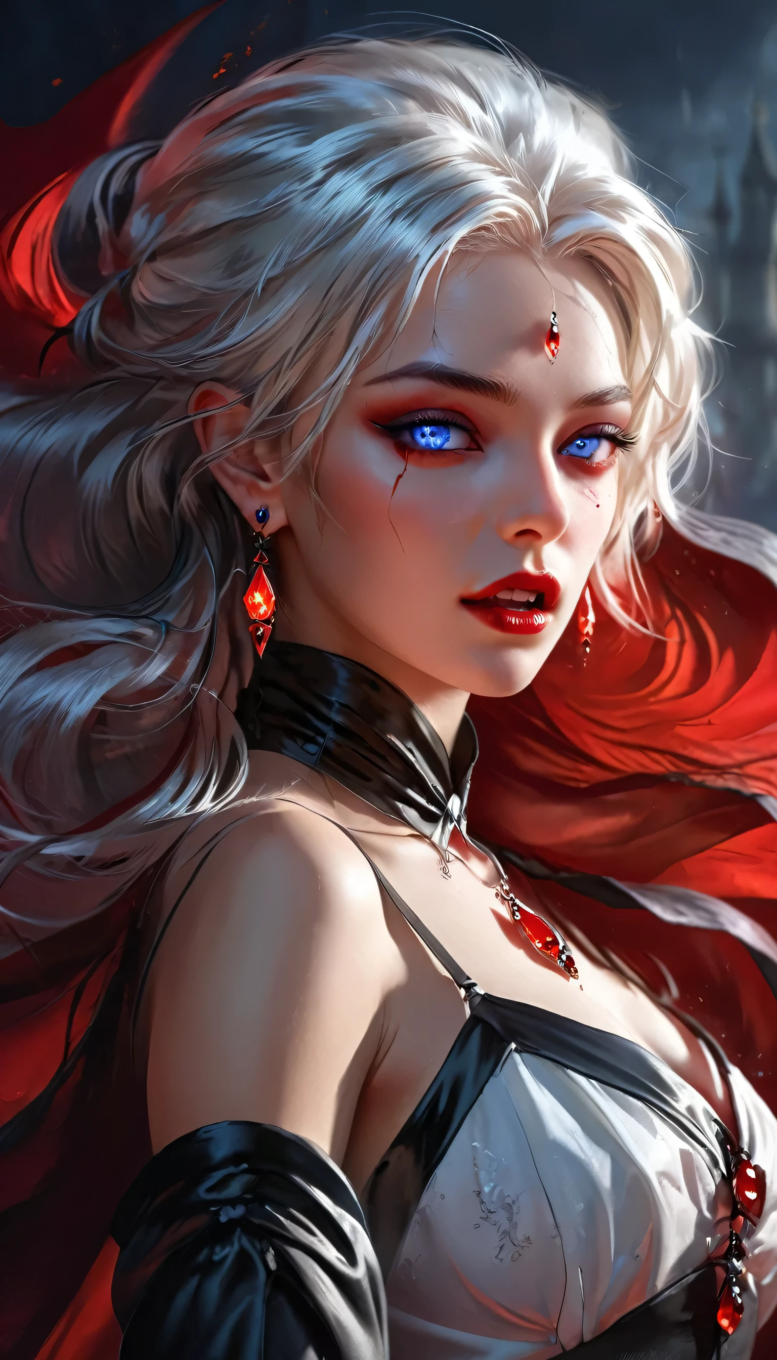 a portrait of vampire with a bloody tear coming down from he eye, an exotic beautiful female vampire, white hair color, dynamic hair style, ultra detailed face, best detailed face, silver eye color, ((1single red teardrop: 1.3)), ((tear drop made from blood)), ((teardrop coming down from the eye: 1.3)), there is a blue streak in the hair, vampire teeth, small cleavage, wearing two black diamond earrings, Ultra-high resolution, High Contrast, (masterpiece:1.5), highest quality, Best aesthetics), 16K fantasy art, best details, best quality, highres, (ultra wide angle: 1.2), 16k, [ultra detailed], masterpiece, best quality, (extremely detailed), ladyshadow, magical sky, crying style, vampire teeth