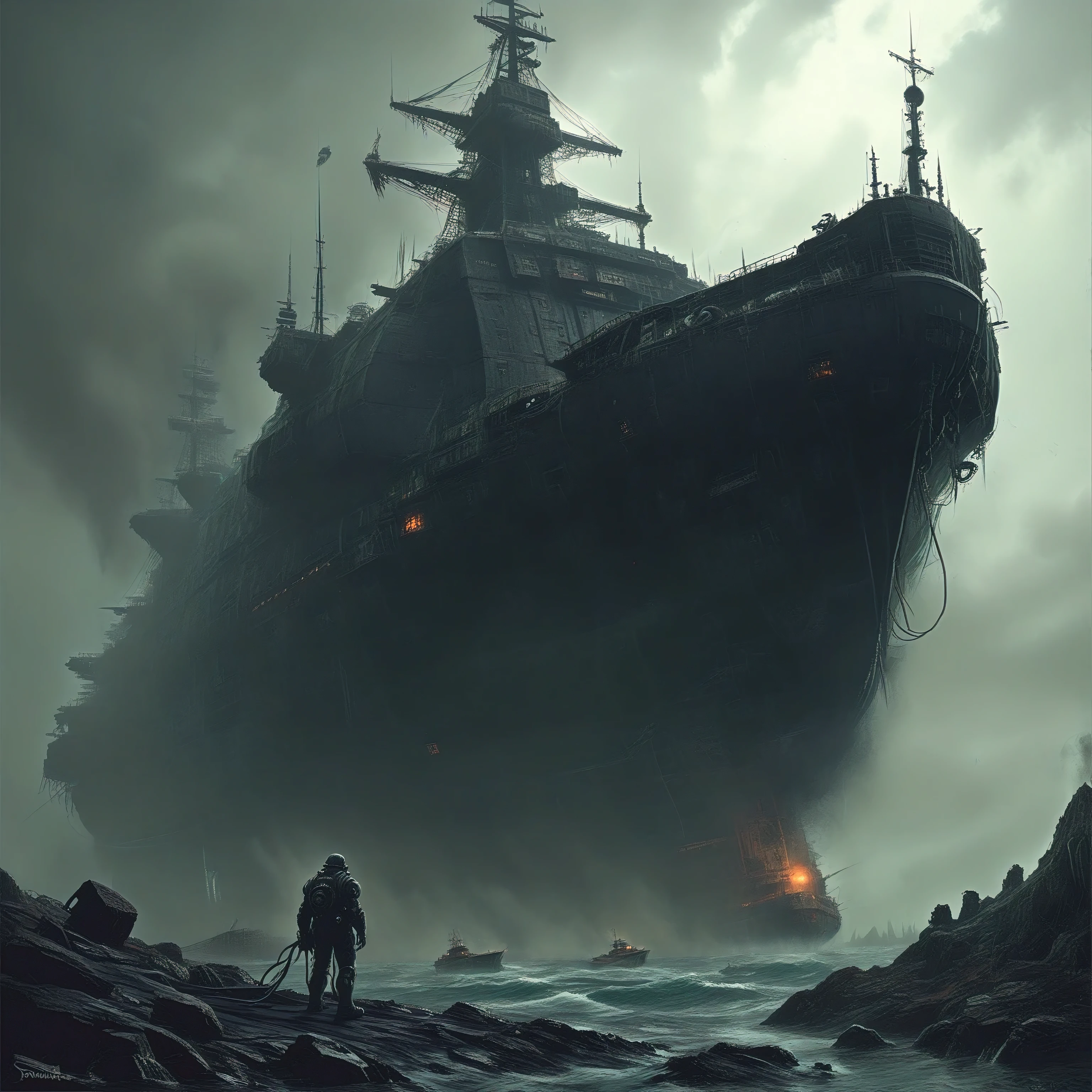 Surreal science fiction Album cover art, a colossal haunted naval warship docked at a creepy harbour with the name of Dark Code ,Warhammer 4k themed the black ship destroying the planet cadia,with the name of Dark Code on the black ship, moody and atmospheric, dreadfully sinister, ominous sky, art in the style of Emmanuel Shiu, Alexey Egorov, Darek Zabrocki, David levy, immersive atmospheric art and landscape by SPARTH, vivid and scary digital concept art FRIENDLY ROBOT, foggy, densely textured, a silence that hungers out there. Narrative storytelling art concept