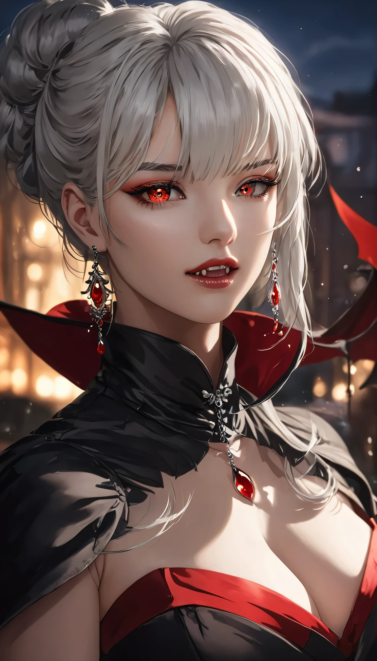 a portrait of vampire with a bloody tear coming down from he eye, an exotic beautiful female vampire, white hair color, dynamic hair style, ultra detailed face, best detailed face, silver eye color, ((1single red teardrop: 1.3)), ((tear drop made from blood)), ((teardrop coming down from the eye: 1.3)), there is a blue streak in the hair, vampire teeth, small cleavage, wearing two black diamond earrings, Ultra-high resolution, High Contrast, (masterpiece:1.5), highest quality, Best aesthetics), 16K fantasy art, best details, best quality, highres, (ultra wide angle: 1.2), 16k, [ultra detailed], masterpiece, best quality, (extremely detailed), ladyshadow, magical sky, crying style, vampire teeth