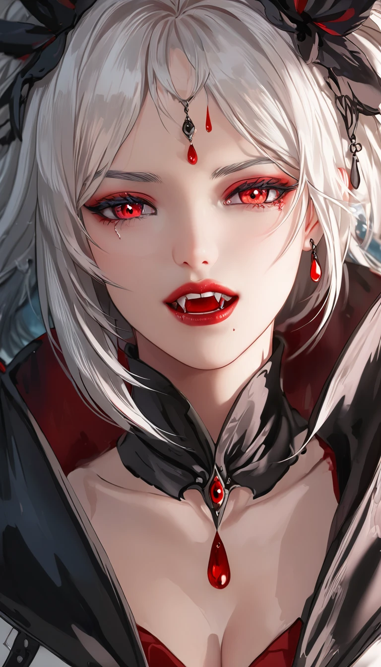 a portrait of vampire with a bloody tear coming down from he eye, an exotic beautiful female vampire, ((white hair color: 1.3)), dynamic hair style, ultra detailed face, best detailed face, silver eye color, ((1single red teardrop: 1.3)), ((tear drop made from blood)), ((teardrop coming down from the eye: 1.3)), there is a blue streak in the hair, vampire teeth, small cleavage, wearing two black diamond earrings, Ultra-high resolution, High Contrast, (masterpiece:1.5), highest quality, Best aesthetics), 16K fantasy art, best details, best quality, highres, (ultra wide angle: 1.2), 16k, [ultra detailed], masterpiece, best quality, (extremely detailed), ladyshadow, magical sky, crying style, vampire teeth