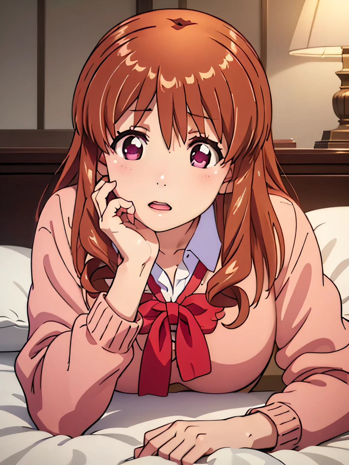  ryou machiko, blush, school uniform, sweater, MASTURBATING WITH pillow, on bed, pussy juice, side lying, hyper detailed, photorealistic, 8k, high quality, realistic, extremely detailed, intricate details, cinematic lighting, beautiful, erotic, sensual, intimate, delicate, soft, tender, glowing skin, natural lighting, warm tones