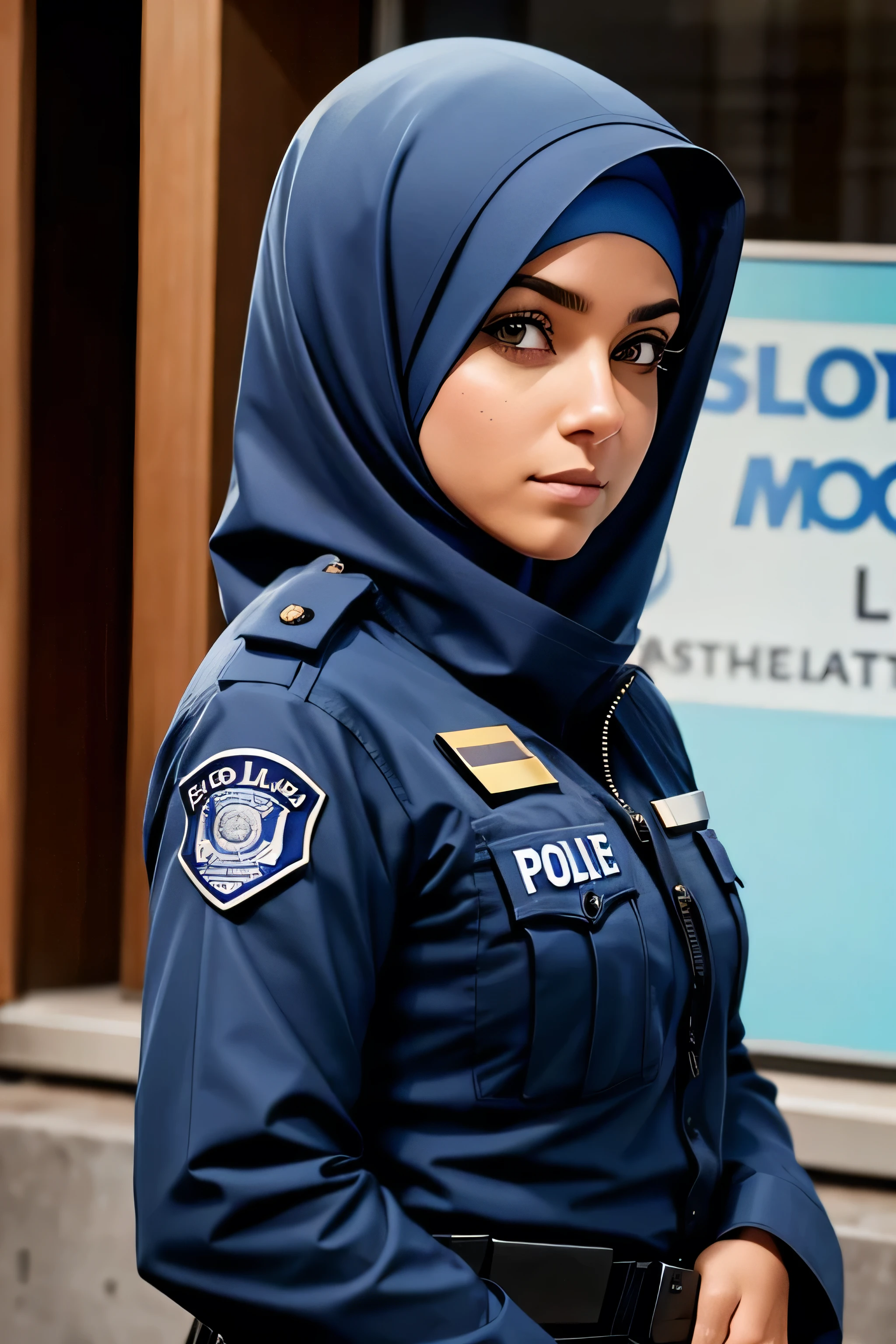 A female police officer wearing a hijab