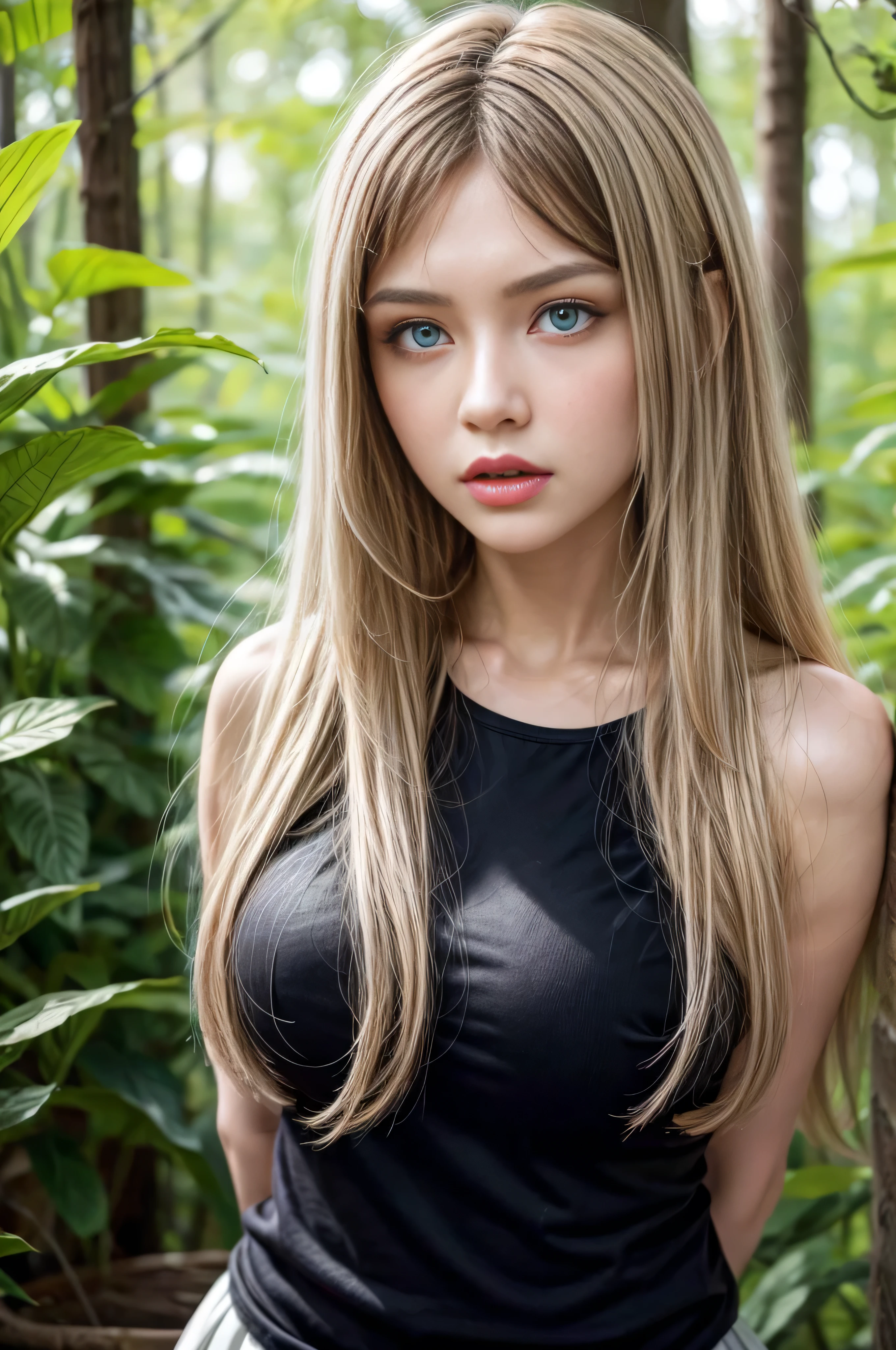 (Masterpiece:1.2, La mejor calidad), (beautiful finely detailed eyes: 1.2), ((1 girl)), (red eyes:1.4), (Finely detailed eyes and detailed face.:1.3), (((girl with extra long white hair with bangs))), (Beautiful and clear background:1.2), (Extremely detailed CG, ultra detailed, The best shadow:1.1), ((depth of field)), ((watercolor)), beautiful concept illustration, (orange background:0.5), (((in the middle of a forest)))., (illustration:1.1), (extremely fine and beautiful:1.1), (Perfect details:1.1), from the front, cowboy shot, Scenery.,  full body, (detail in the eyes), (detail on the face), Incredibly beautiful, Blue eyes, blush, make up, red lipstick, mini skirt, (wide hips), (thick thighs), small breasts, dress,, seductive pose, (extreme hourglass figure), delgado, slender, white skirt, , tight t-shirt, she is angry