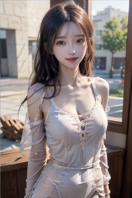 Highest quality, high resolution, a girl, playing by the stream, floral slip dress, white legs exposed, clear eyes, smile, opalescence, bokeh background, prominent subject, close-up, medium breasts, perfectly proportioned figure