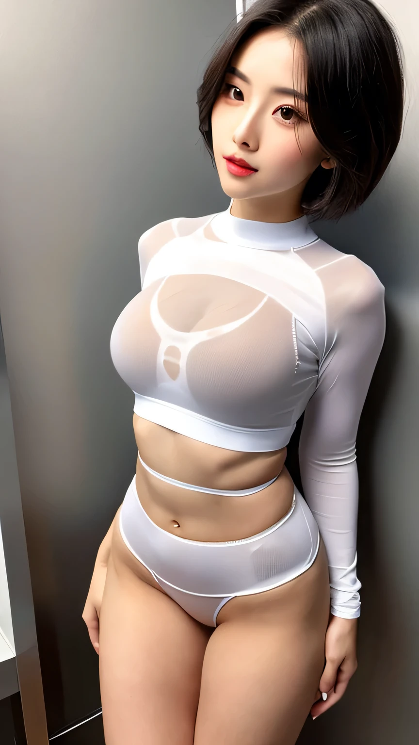 매우 realistic 8k cg, masterpiece, ((pure white background)), (very detailed, very detailed quality, (realistic:1.4),beautiful lighting, masterpiece, best quality, 1 sexy girl, alone, looking at viewer,  head tilt, boring, black hair, Jenny Kim. (((breasts, Pussy exposed))), ((rolled up latex miniskirt)), ((lustful eyes))