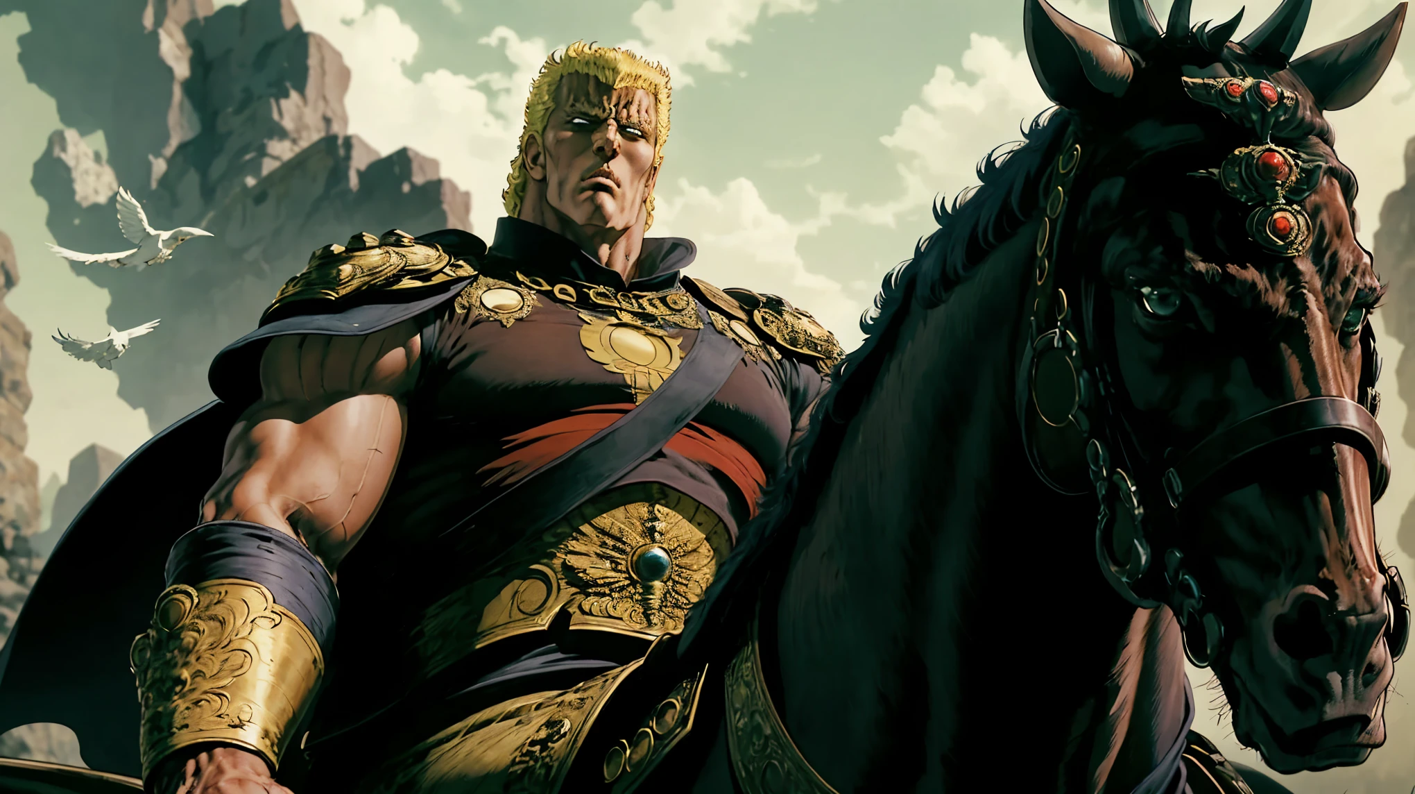 Best Quality、８k、Raoh from Fist of the North Star rides a giant blue horse、Glare with firm eyes、Iris、Black Horse、Show me your palm、The horse is jumping in the air、Like flying in the sky、Dynamic composition、A scene from a movie、Picture looking up from below