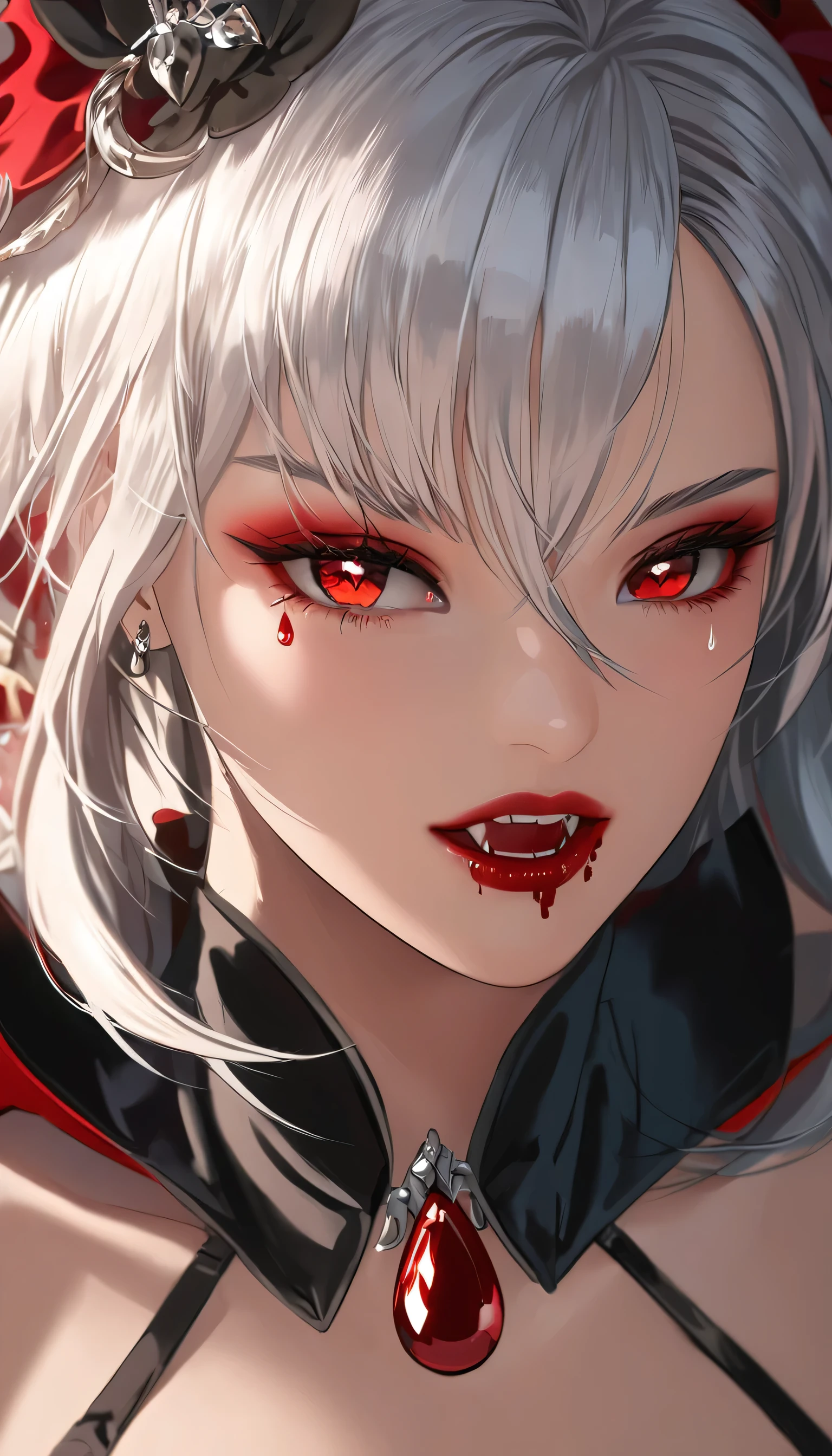 a portrait of vampire with a bloody tear coming down from he eye, an exotic beautiful female vampire, white hair color, dynamic hair style, ultra detailed face, best detailed face, silver eye color, ((1single red teardrop: 1.3)), ((tear drop made from blood)), ((teardrop coming down from the eye: 1.3)), there is a blue streak in the hair, vampire teeth, small cleavage, wearing two black diamond earrings, Ultra-high resolution, High Contrast, (masterpiece:1.5), highest quality, Best aesthetics), 16K fantasy art, best details, best quality, highres, (ultra wide angle: 1.2), 16k, [ultra detailed], masterpiece, best quality, (extremely detailed), ladyshadow, magical sky, crying style, vampire teeth