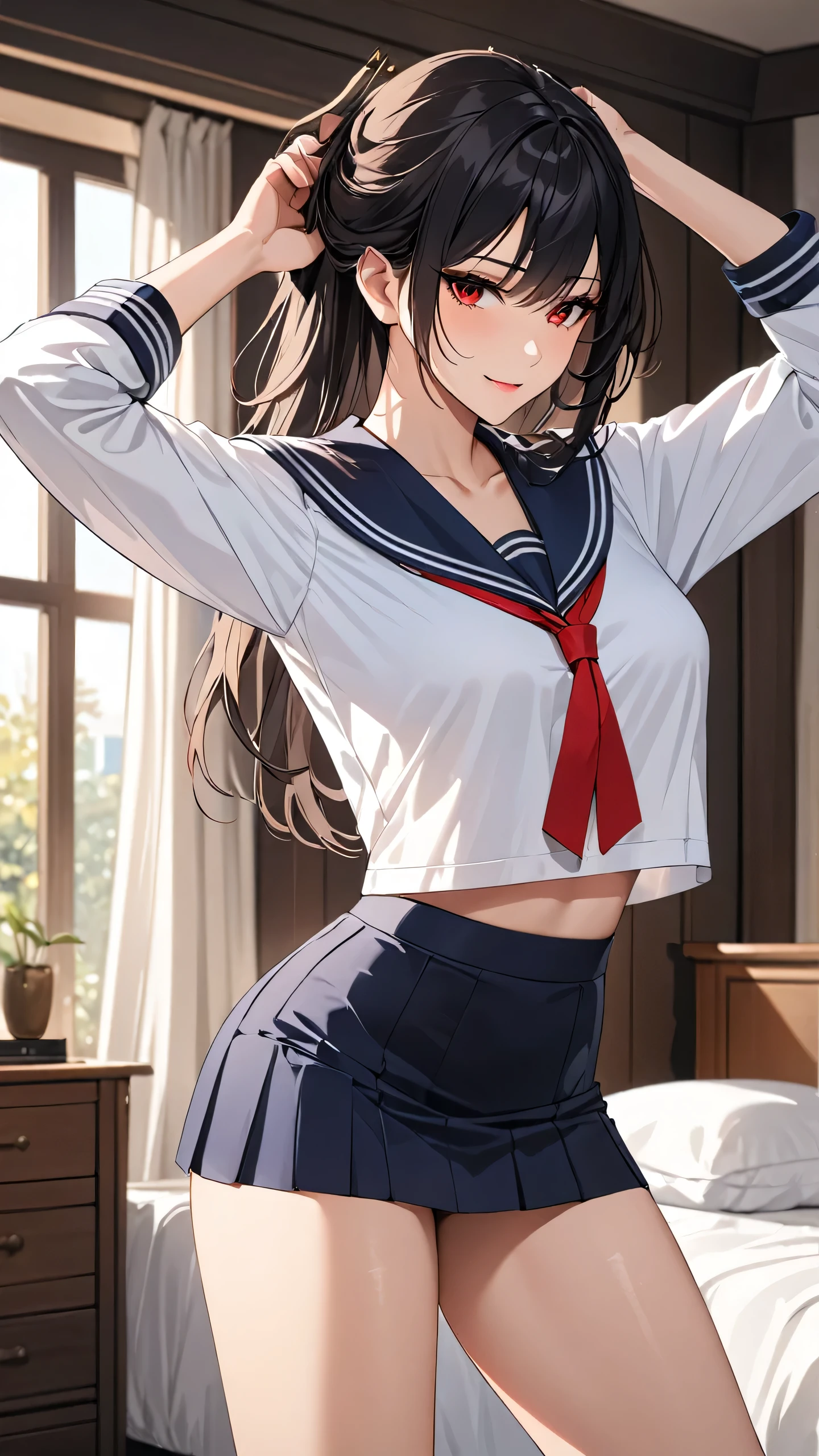 Highest quality　masterpiece　High resolution　masterpiece, black messy  hair,　　Red Eyes, , wearing long sleeves sailor uniform, seductive smile, tight, bedroom, crop top ovehang, mature female, , skirt, , adjusting hair, sexy body, biting a hairpin 