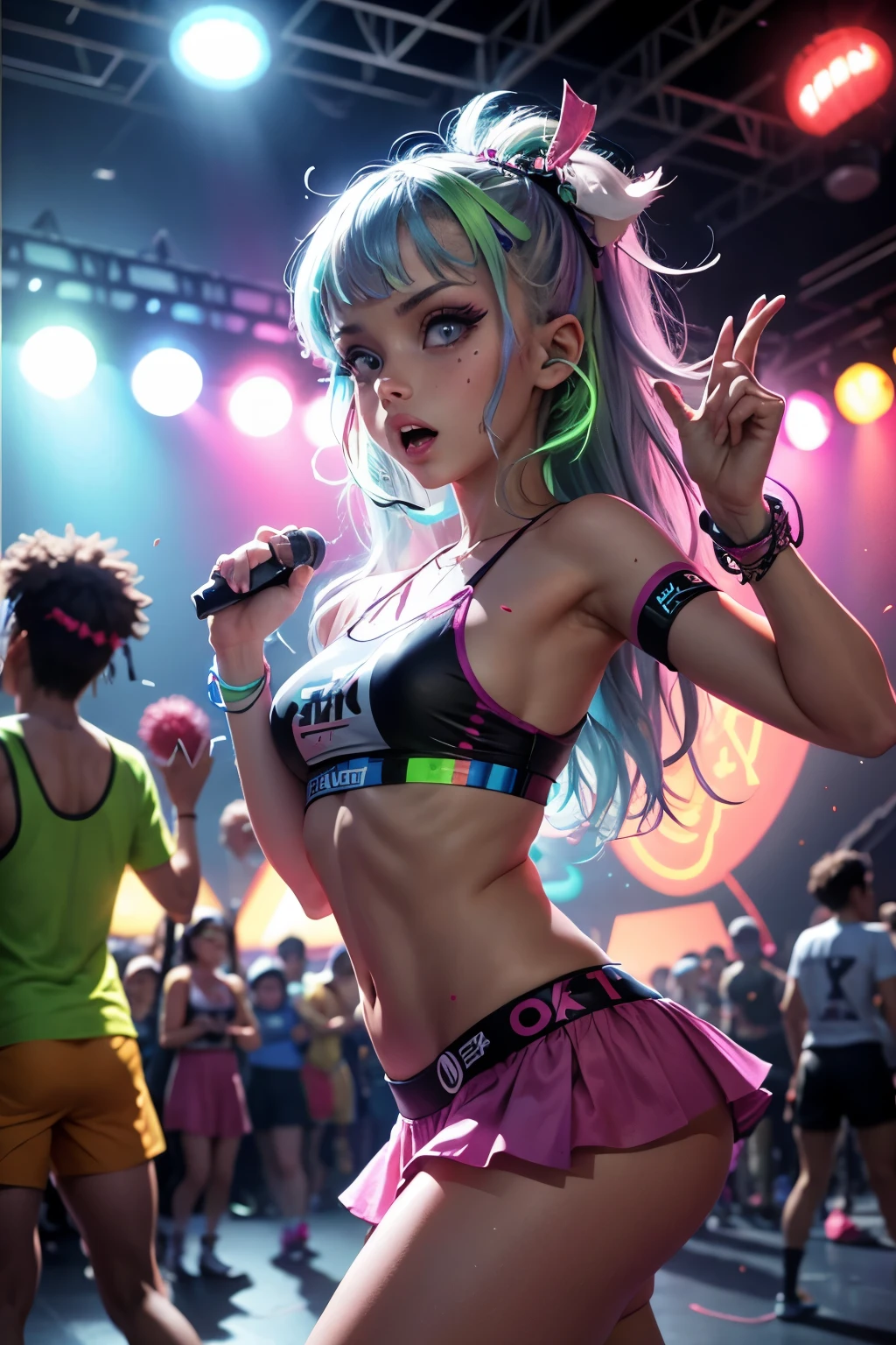 young 1990s style raver woman, hyperactive, high, excited, pleasure, <lora:ahegao-x-v4:0.5> at a rave, <lora:improve_backgrounds:0.85>,