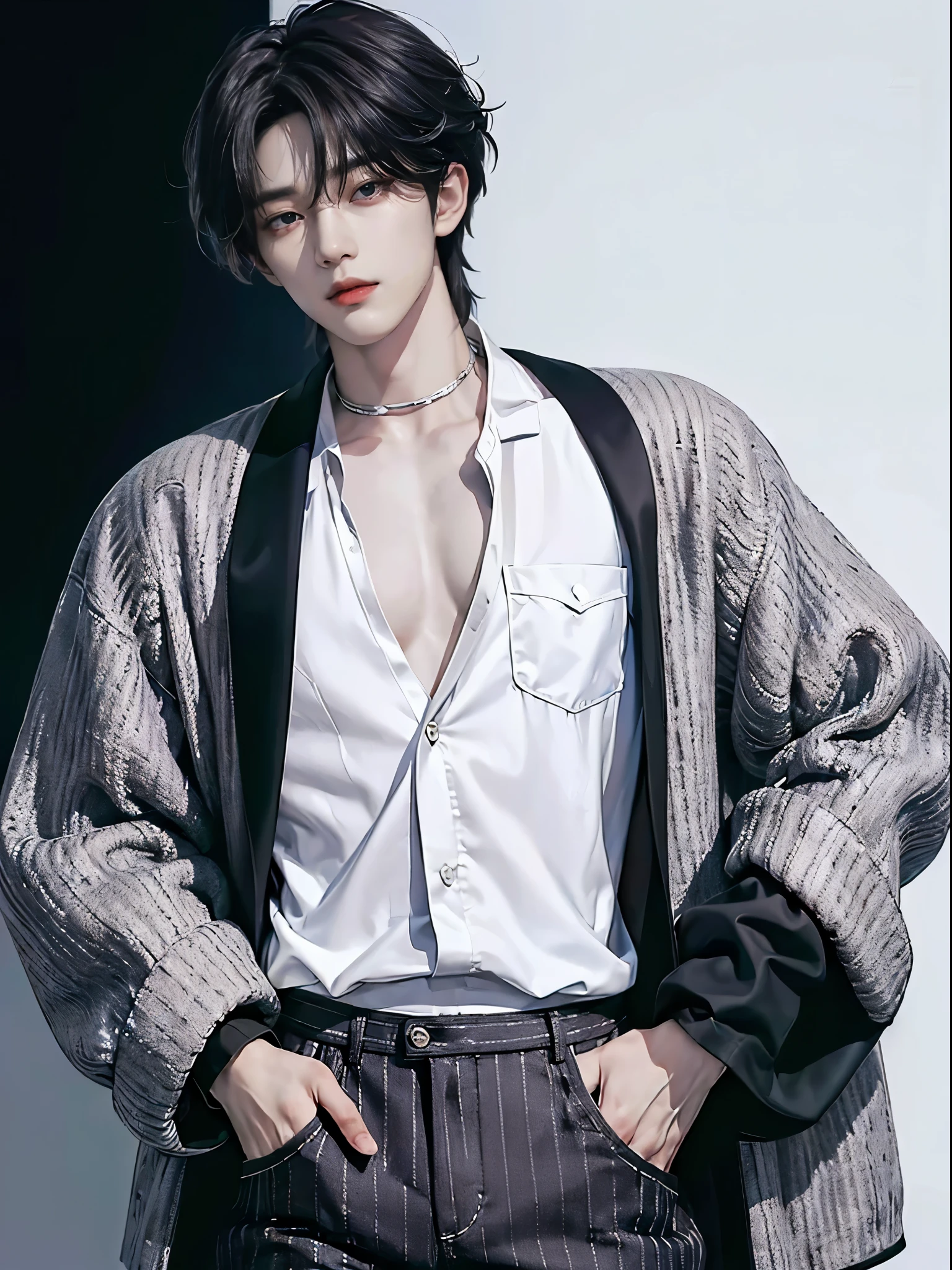 (((4K)) ((very high quality)) ((white background)) Korean, Участник группы K-pop, Deep Dark Eyes, Dark brown hair, with a slight gradient to deep black at the ends. They are slightly wavy..., , and a stylish high hairstyle with light volume. Taehyung chooses an image, which combines elegance and modern chic, emphasizing his charisma and confidence. His outfit consists of a black jacket with a deep, Brilliant brilliance., which emphasizes his slender figure and gives his image a special sophistication. The jacket is decorated with narrow silver stripes along the edges and on the sleeves...
Under the jacket, Taehyung wears a tight silver-gray shirt with a thin. The shirt is not fully buttoned..., allowing a small portion of his to be visible, which gives the image a slight hint of sexuality.
The trousers are slim and fit perfectly.., also available in black with silver accents on the sides, reflective stripes on the jacket. ((very detailed)) ((detailed eyes)) ((relaxed pose)) ((full length pose)) ((looks at me)) ((elegant trousers)) (((hand in pocket)) ((hands are relaxed))