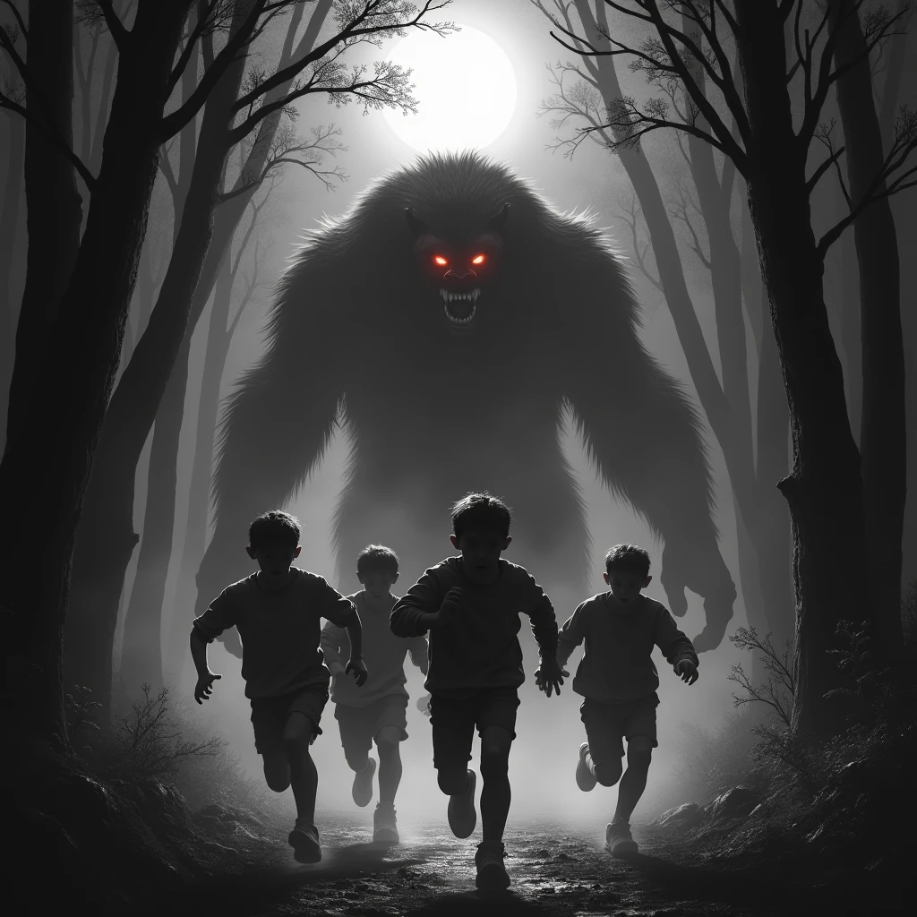 Three boys encounter a beast in the forest.