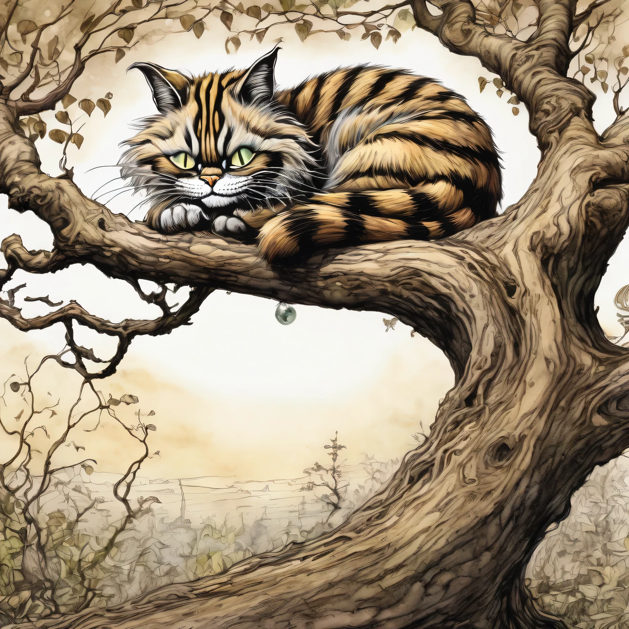 (super detailed, top quality, 8k), editorial illustration of a Cheshire cat lying on a twisted tree, pen and ink and watercolor, sepia touches,