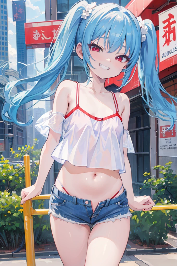 masterpiece, beautiful, 4k, detailed, intricate details, , shota, overalls, jean overalls, cuffed overall,  long ponytail turquoise hair, ((??turquoise hair)), (((red eyes)),  smile, slight smile, 1boy, young delicate prince, shirtless, overalls over skin, bare shoulders, bare sleeves, bare arms, facing forward, side cut, torso shown, leaning forward, flat chest,(nsfw:0.55), ((flat chested, flat stomach, baby face)), (intense colors)