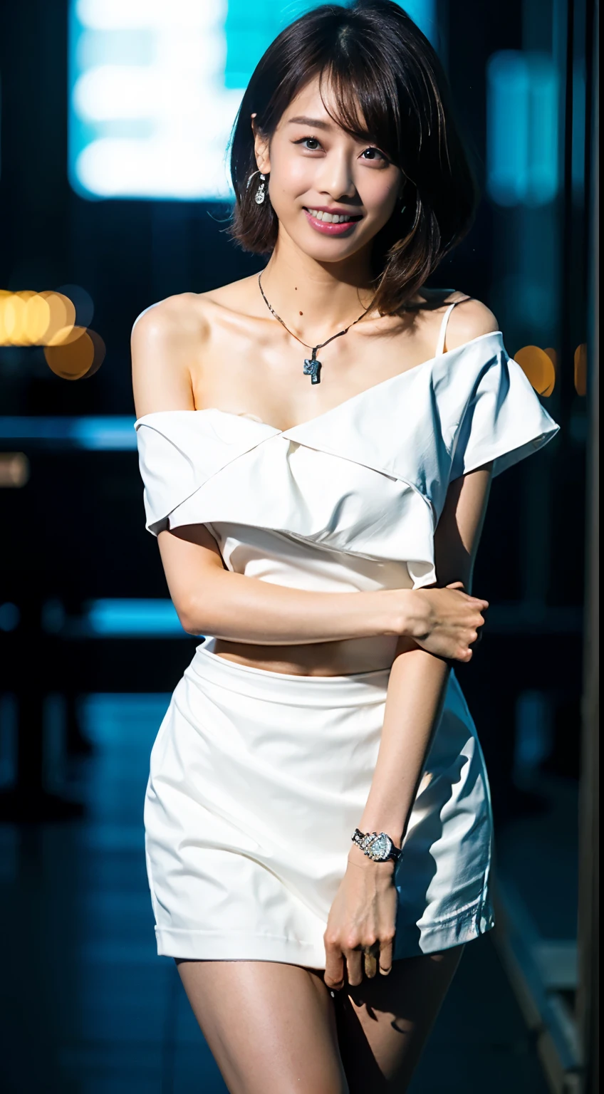 (extra detailed body、extra detailed face、best qualtiy:1.2)、femele、looking at the viewers、(Wacky fashion、Gaultier's worldview、Large shoulder-length silver earrings、Silver Fancy Necklace、Mode system、fashionshow)、(Stylish walls in blue, Gray and white on background:1.4)