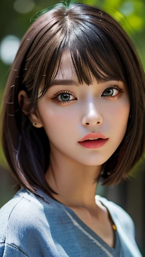 (hig彼st quality、8k、32k、masterpiece)、(Realistic)、(Realistic:1.2)、(High resolution)、(Random composition:1.6), Very detailed、Very beautiful face and eyes、1 girl、Delicate body、(hig彼st quality、Attention to detail、Rich skin detail)、(hig彼st quality、8k、Oil paints:1.2)、Very detailed、(Realistic、Realistic:1.37)、Bright colors, (Casual Fashion:1.3), Blunt bangs, 