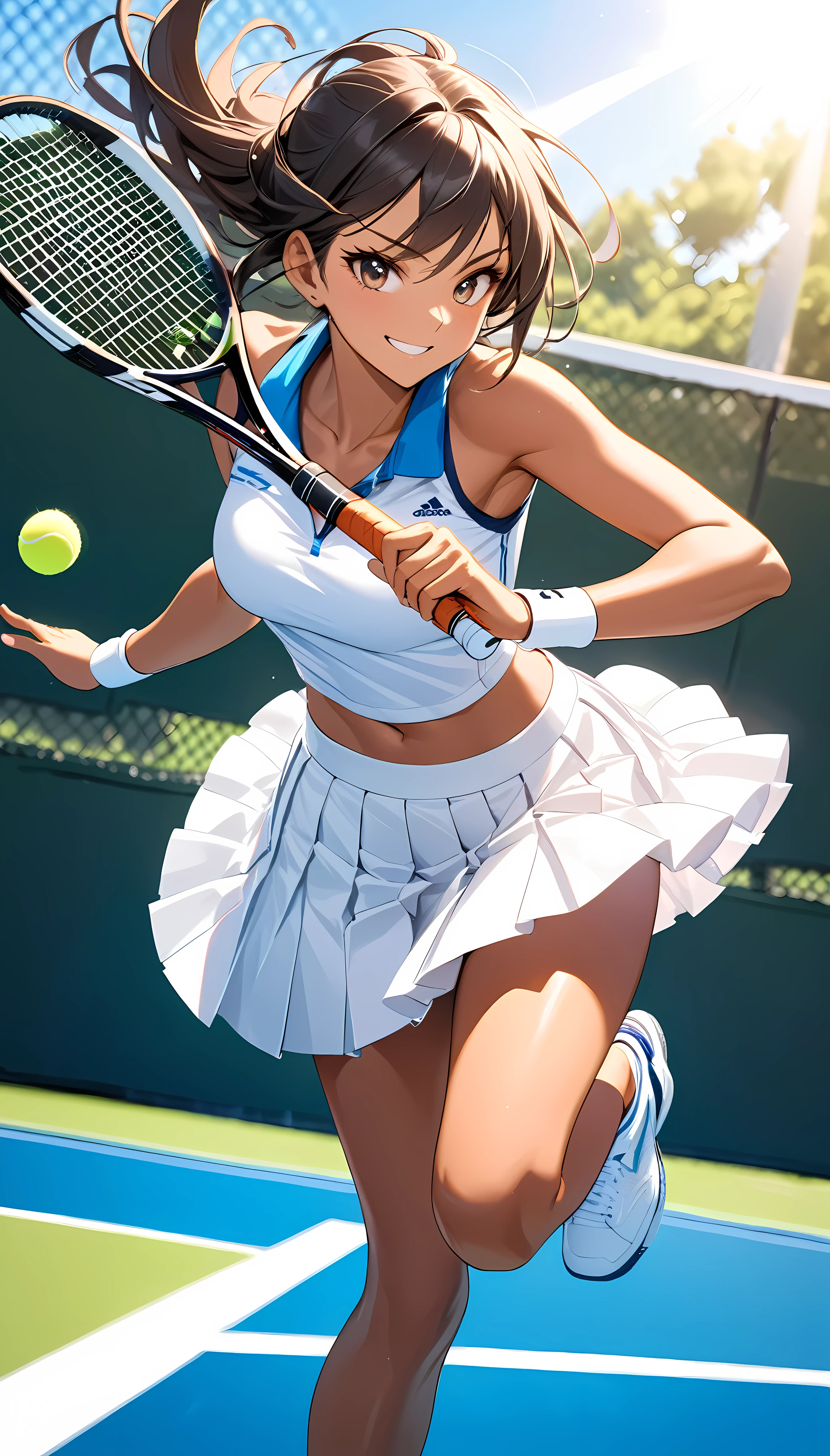 Beautiful feet, Healthy tanned skin, 
Tennis Player, Alone, 
The fascinating side, 
Colorful trade colors, 
A pure white pleated skirt that shines in the sunlight, 
I smile at you, 
Mischievous adult charm, 
Sensual and challenging look, 
Dramatic tennis motion, 
Random Shot, dynamic, 