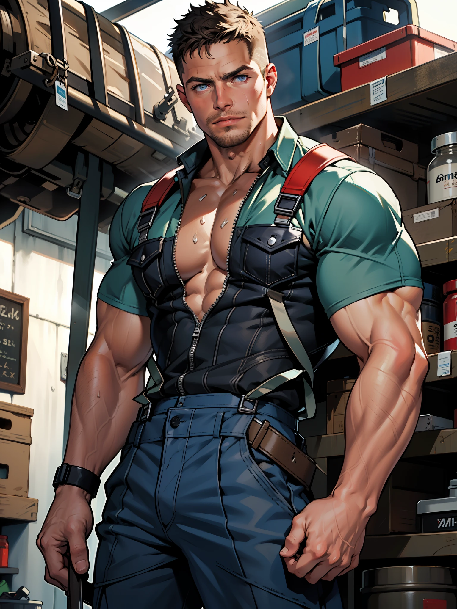 masterpiece , 8k , best quality ,very very detailed face , natural eyes, 1man, young man, boy, muscled and mature, stephen amell as a mechanic wearing totally unbuttoned overall, showing his nipples and muscles , mechanic tools , sweating, tight cloth, , full body view , working on a car