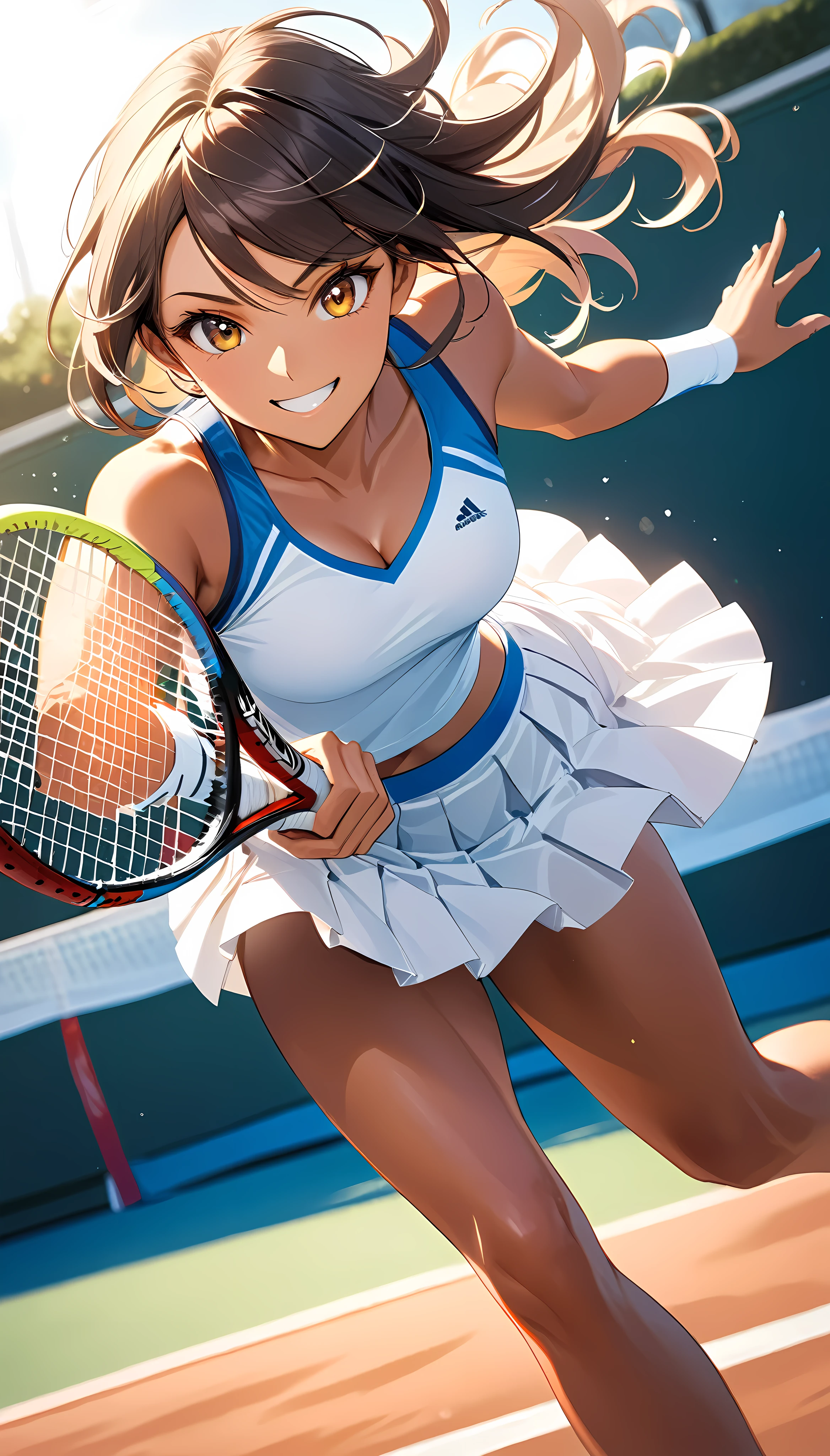 Beautiful feet, Healthy tanned skin, 
Tennis Player, Alone, 
The fascinating side, 
Colorful trade colors, 
A pure white pleated skirt that shines in the sunlight, 
I smile at you, 
Mischievous adult charm, 
Sensual and challenging look, 
Dramatic tennis motion, 
Random Shot, dynamic, 