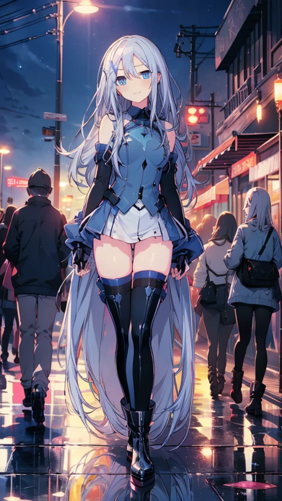 (((Night Park，Street lamp，Pose in front)))，((full body)),(Tabletop.Best Quality).(Dynamic Angle). (CG paintings with attention to detail),(Perfect image)、((Finger Frame)),comics.shape.1 girl.Detailed face、((kanade3rd，Grey Hair，Patent leather long boots))，ellis xillia,Costume,nsfw,Perfect Face.Delicate face、Rough skin、((Beautiful Blue Eyes)).繊細でBeautiful Eyes、Beautiful Eyes、Reflective Eyes、smile.(Face is a little red:0.8)、8K wallpaper、Cowboy Shot、Reflected Light、Most detailed、Complex、Rough skin、Fine skin、(Super Resolution)、