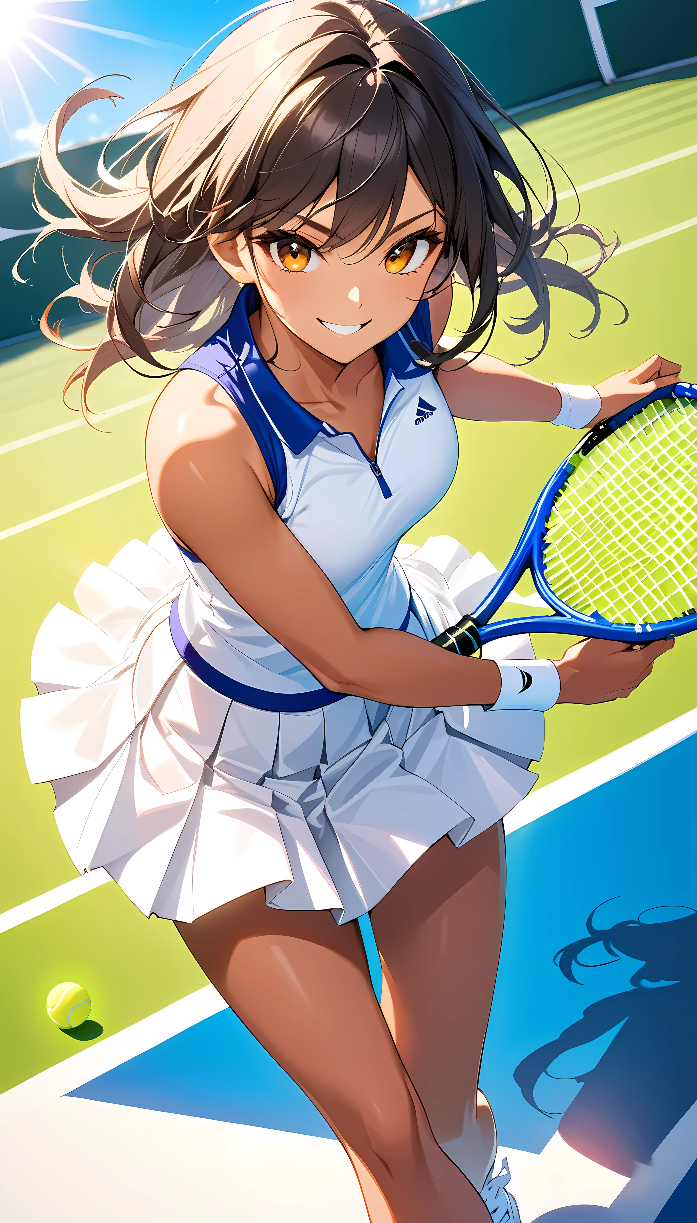 Beautiful feet, Healthy tanned skin, 
Tennis Player, Alone, 
The fascinating side, 
Colorful trade colors, 
A pure white pleated skirt that shines in the sunlight, 
I smile at you, 
Mischievous adult charm, 
Sensual and challenging look, 
Dramatic tennis motion, 
Random Shot, dynamic, 