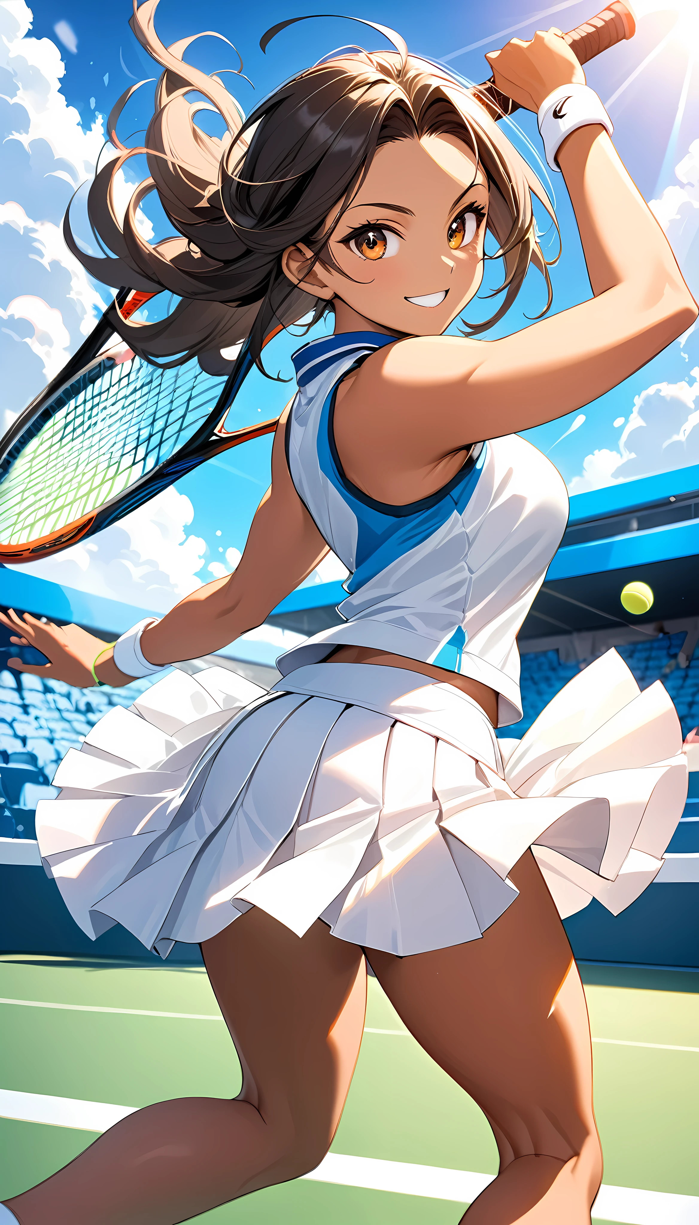 Beautiful feet, Healthy tanned skin, 
Tennis Player, Alone, 
The fascinating side, 
Colorful trade colors, 
A pure white pleated skirt that shines in the sunlight, 
I smile at you, 
Mischievous adult charm, 
Sensual and challenging look, 
Dramatic tennis motion, 
Random Shot, dynamic, 