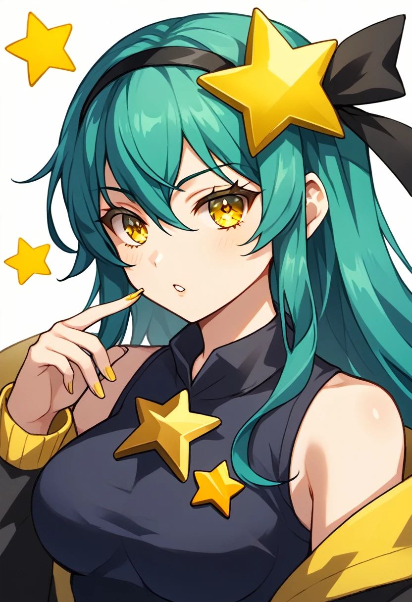 Girl with long dark turquoise hair, yellow eyes, yellow star pin in her head, japanese