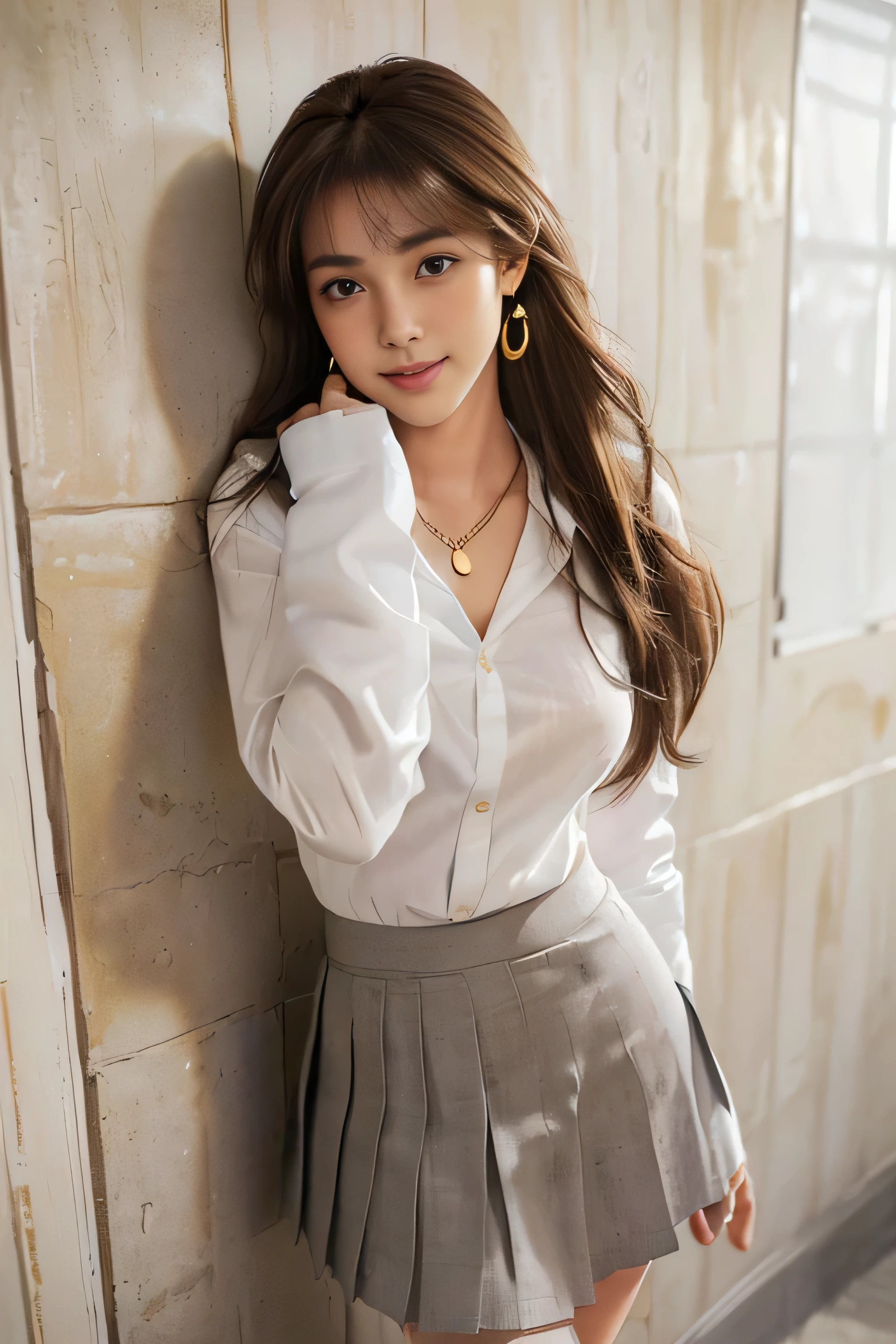 ((beautiful a girl:1.3))(long sleeve white sailor uniform:1.2))((overblouse))((rip in skirt:1.5))((panty shot:1.5))((high school student)) ,((navy blue skirt:1.3)) ((inside the classroom:1.3)) ((Thin_fabric:1.4)) ((random sexy pose:1.3)) ((flushed face:1.4)) ((chest:1.2)) ((Close-up:1.2)) highest quality、master piece、ultra high resolution、(photorealistic:1.4)、Raw photo、(real skin texture:1.3)、(film grain:1.3)、panorama、character portrait、very wide shot、narrow waist、cowboy shot、(in the dark、 deep shadow、low key、cold light、) night,((brown super long hair:1.2)),flowing tears,,Dust,Tyndall effect,(expression),1 girl in,beautiful detailed eyes and face,white jabot,brown eyes,((brown hair:1.2)) ((whole body:1.3)) ((smile:1.3))