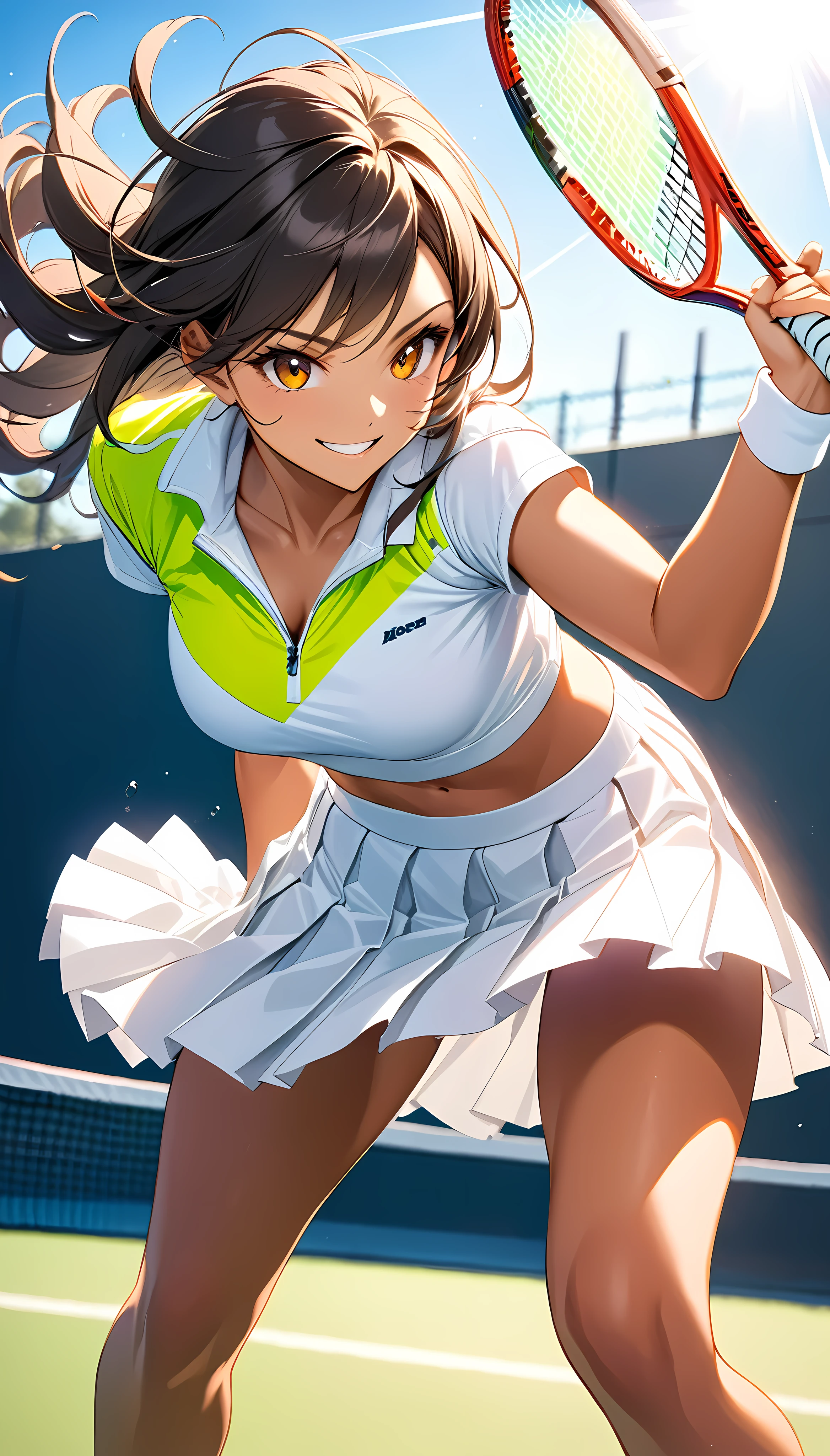 Beautiful feet, Healthy tanned skin, 
Tennis Player, Alone, 
The fascinating side, 
Colorful trade colors, 
A pure white pleated skirt that shines in the sunlight, 
I smile at you, 
Mischievous adult charm, 
Sensual and challenging look, 
Dramatic tennis motion, 
Random Shot, dynamic, 