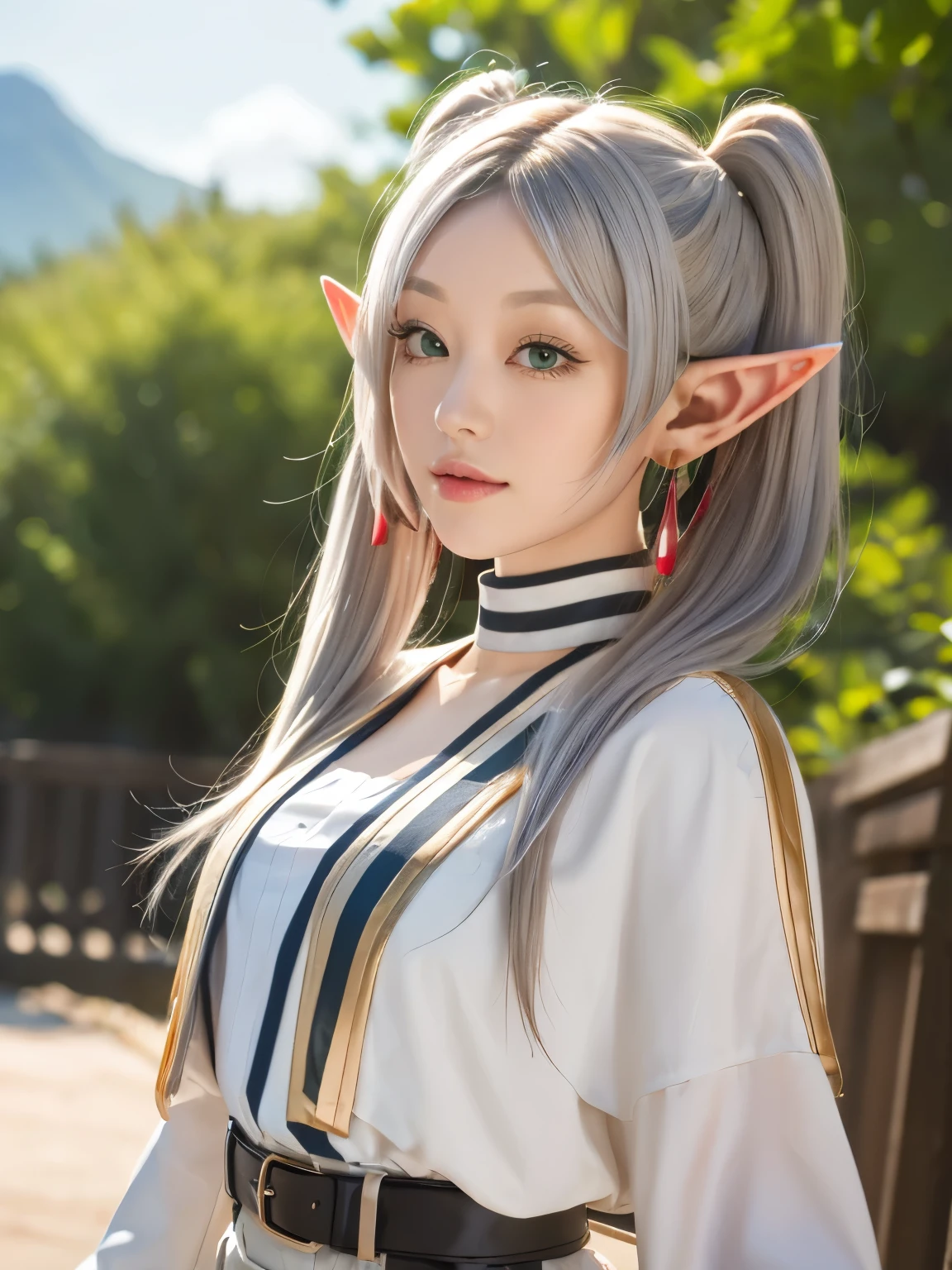 1girl, solo, elf, (white hair, grey hair, twintails, long hair), earrings, pointy ears, green eyes, parted bangs, thick eyebrows,
BREAK FrierenBase, long hair, twintails, earrings, white capelet, striped shirt, horizontal stripes, long sleeves, belt, white skirt, gold-trim, black pantyhose,
BREAK POV, (close up:1.3), look at viewer, cinematic angle, (dancing:1.5), cute pose,
BREAK outdoor, flower mountain, snow white forest,
BREAK very high quality, masterpiece, High resolution, high quality, natural skin, (upper body:1.2) photo of as (young:1.0) woman, (8K UHD:1.0), (best quality:1.0), (masterpiece:1.0), (sharp focus:1.0), RAW photo, Realistic photos, RAW Photo,