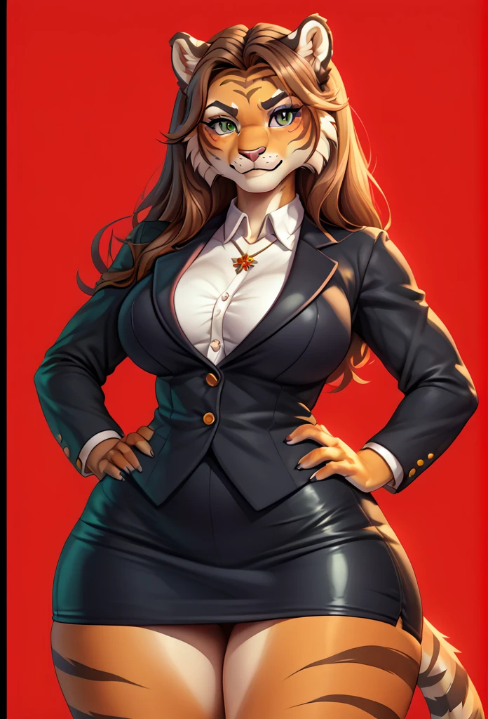 check_9, check_8_up, check_7_up, check_6_up, check_5_up, check_4_up, from the author: Wyla, Best quality, masterpiece, 1 woman, anthropomorphic furry single tigress, big breasts, wide hips, Thick thighs, green eyes, long brown hair, hands on hips, a gift, a gifttie, looks at the viewer, formal, black pencil skirt, necklace, nylon tights, black a gift, approach, white рубашка, jacket, red background, black a gifttie, black брюки, black jacket, photorealistic, long sleeves, simple background, cowboy shot, closed mouth, A portrait of a woman in a black tuxedo with and a black a gift tie. The woman has long каштановые волосы and is standing in front of a maroon background. Her expression is serious., as if she is posing for the camera., , open jacket, during, sky, standing, tight clothes, rating_obvious,