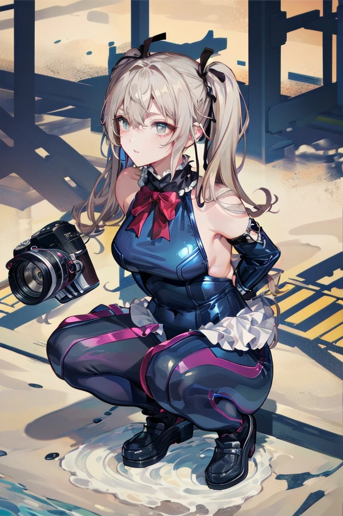 Best image quality、8K quality、high quality、Detailed Images、((Spread your legs, (squat:1.3))、One Girl、Alone、Marie Rose､blonde、(((長い Twin tails)))、Laughter、Embarrassing，(Slender body))、((Shiny Blue Latex))、((Sleeveless))、((High neck swimsuit:1.2))、(High Leg:1.3)、(Pierce the groin hard)、(Hard Hole in the Crotch:1.3)、((地面にsquat))、(((Open your crotch wide to the left and right:1.2)))、(Spread your legs:1.2)、(Put your arms behind your back:1.3)、(Show off your armpits:1.2)、((Calf-length black socks:1.3))、((Brown Loafers:1.3))、(Gazing at the audience)、(To the audience)、(White knee-high socks)、By the pool、Professional Lighting、Front shot、(Camera position is low)、((Crotch camera position))、