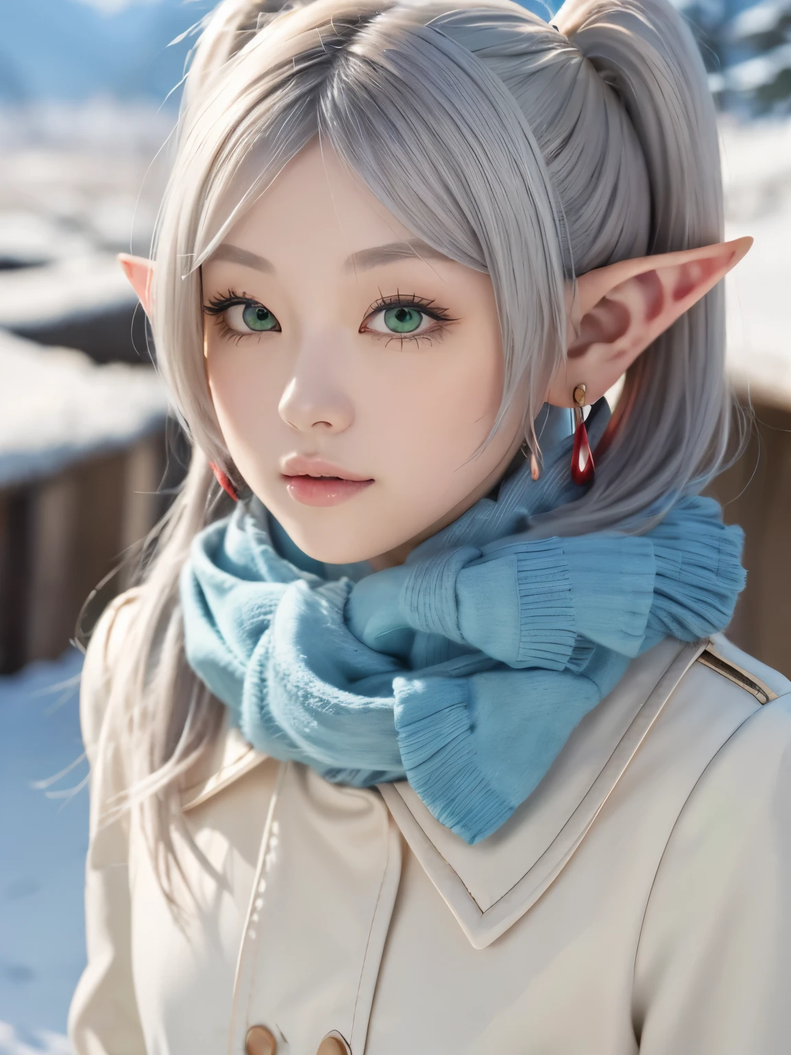 1girl, solo, elf, (white hair, grey hair, twintails, long hair), earrings, pointy ears, green eyes, parted bangs, thick eyebrows,
BREAK FrierenWinter, long hair, twintails, earrings, blue scarf, white long coat, black pantyhose, brown boots,
BREAK (close up:1.3), look at viewer, cinematic angle, walking, cute pose,
BREAK outdoor, snow mountain, snow forest,
BREAK very high quality, masterpiece, High resolution, high quality, natural skin, (upper body:1.2) photo of as (young:1.0) woman, (8K UHD:1.0), (best quality:1.0), (masterpiece:1.0), (sharp focus:1.0), RAW photo, Realistic photos, RAW Photo,