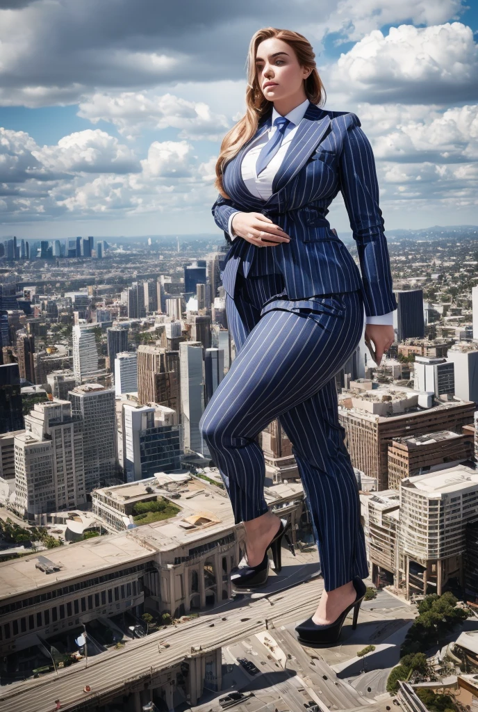 Highly detailed Giantess shot, Giantess, Billie Eilish, ((multiple women who are miles taller than a skyscraper)), Giantess art, tera giantess in distance walking on countries, young women with beautiful curves, massive thighs, ginger hair, lipstick, wearing a perfect form-fitting loght grey pinstripe trouser suit and blazer, crisp white shirt with large spread collar, large blade width Windsor knot blue tie, with massive breasts. She is wearing platform high heels A towering woman looking at viewers, Her toned and she lean and slender body. She seems to be casually strolling through the bustling cityscape of LA City, as towering buildings loom overhead. Smoke and clouds roil around her, adding to the sense of epic scale and drama. The lighting is dark, gloomy, and realistic, creating a tense and ominous atmosphere. The perspective is from below, emphasizing the sheer majesty and power of the A towering Giantess. This image is highly detailed, photorealistic, best quality, a masterpiece, with cinematic lighting, ultra-detailed, long ponytail hair with front bangs, high altitude photography, satellite view, a curvy figure, heaving bosom, legs, a stepping on mulitple mega city,, destruction, buildings, roads, a cloudy, overcast, hazy atmosphere, and wispy clouds. Pov