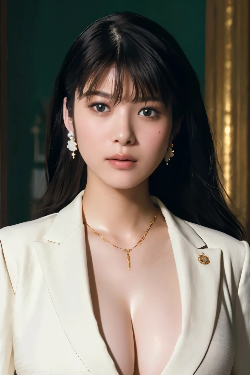 High resolution、masterpiece、Textured skin、high quality、超High resolution、politician, Very detailed、woman、Face close-up、Looking at the camera、(Big Breasts:1.1)、(Cleavage:1.0), (sagging breasts:1.0), Perfect Style、white jacket, suit, necklace, earring, parliament badge,