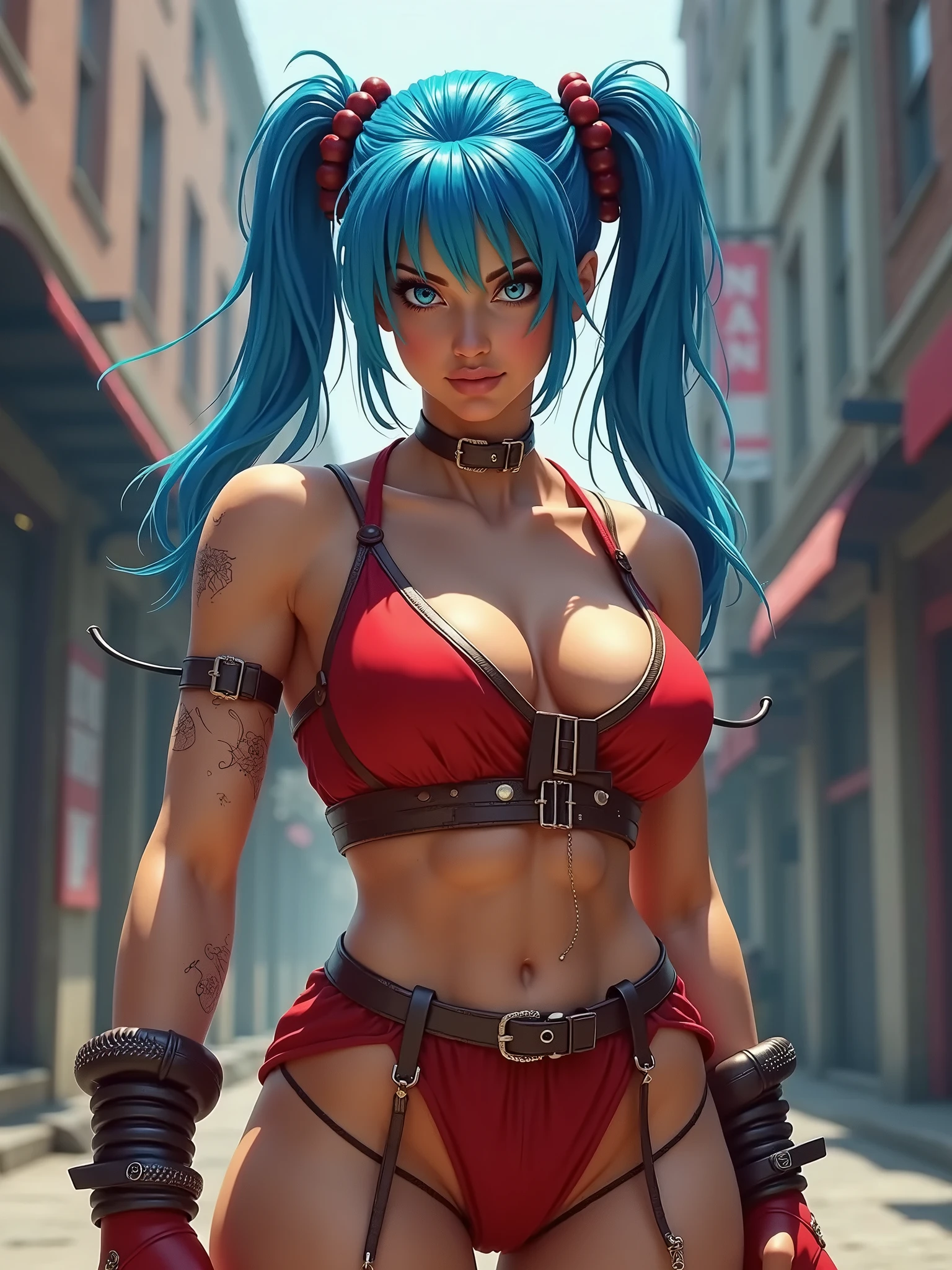 best quality,masterpiece,HDR,UHD,8K,masterpiece,Highly detailed,1girl,short hair,(upper body:1.1),detailed face,simple background,dress,medium size breasts,bare shoulders,girl,solo,blonde hair,twintails,jacket,short shorts,pantyhose,torn pantyhose,crop top,torn clothes,blood,clothes writing,makeup,blue eyes,eyeshadow,blue hair,midriff,navel,gloves,fishnets,multicolored clothes,belt,bracelet,spiked bracelet,multicolored hair,collar,graffiti, huge gigantic boobs, big juicy lips, Harley Quinn white face make up,