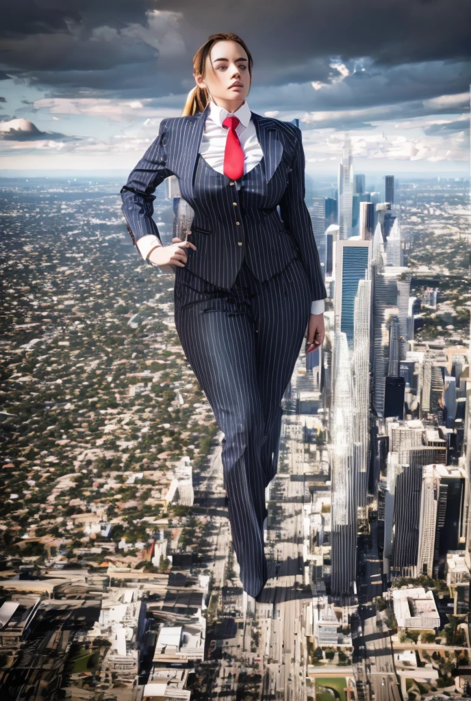 Highly detailed Giantess shot, Giantess, Billie Eilish, ((multiple women who are miles taller than a skyscraper)), Giantess art, tera giantess in distance walking on countries, young women with beautiful curves, massive thighs, ginger hair, lipstick, wearing a perfect form-fitting loght grey pinstripe trouser suit and blazer, crisp white shirt with large spread collar, large blade width Windsor knot blue tie, with massive breasts. She is wearing platform high heels A towering woman looking at viewers, Her toned and she lean and slender body. She seems to be casually strolling through the bustling cityscape of LA City, as towering buildings loom overhead. Smoke and clouds roil around her, adding to the sense of epic scale and drama. The lighting is dark, gloomy, and realistic, creating a tense and ominous atmosphere. The perspective is from below, emphasizing the sheer majesty and power of the A towering Giantess. This image is highly detailed, photorealistic, best quality, a masterpiece, with cinematic lighting, ultra-detailed, long ponytail hair with front bangs, high altitude photography, satellite view, a curvy figure, heaving bosom, legs, a stepping on mulitple mega city,, destruction, buildings, roads, a cloudy, overcast, hazy atmosphere, and wispy clouds. Pov