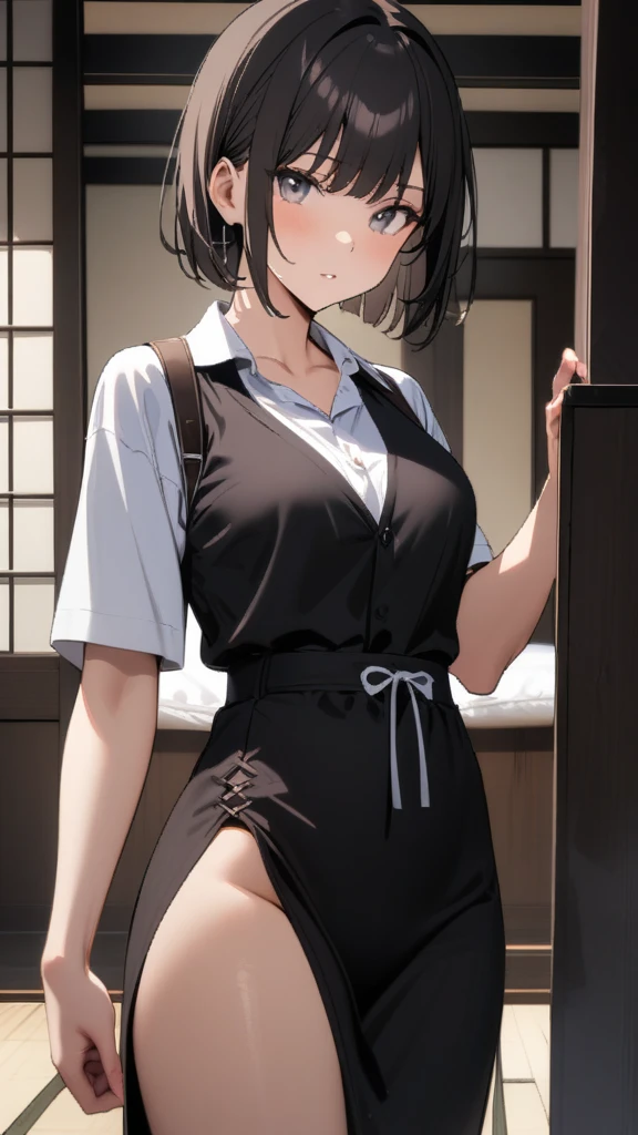 (8K, Raw photography, top-quality, masterpiece:1.2), One Woman、Japan at the age of 18,fullllbody.{scinematic angle、Wide Angle}(Realistic Skins 1.4)、(((maid、Outdoor café terrace、is standing、Fold your hands in front of you)))、(((is standing、Fold your hands in front of you)))((maid clothes、white shirt、Apron Dresses、Stockings、high-heels、White Brim))、50mm Lens、30mm film、wide angles、(a short bob、Okappa)、(A dark-haired、The forehead is hidden by bangs、)、Black eyes、shinny skin.Beautiful delicate face、Beautiful delicate eyes、{tiny chest、small tits、Voluptuous body shape、Thicker thighs}、One piercing in each ear、