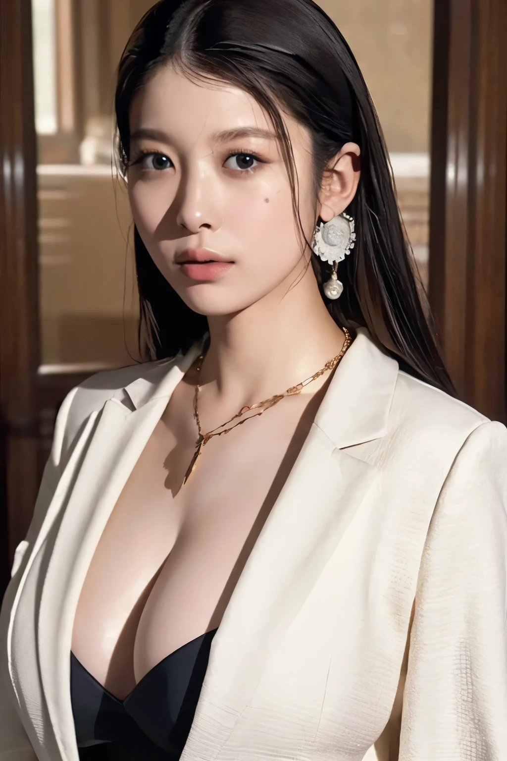 High resolution、masterpiece、Textured skin、high quality、超High resolution、politician, Very detailed、woman、Looking at the camera、(Big Breasts:1.1)、(Cleavage:1.0), (sagging breasts:1.0), Perfect Style、white jacket, suit, necklace, earring, parliament badge,