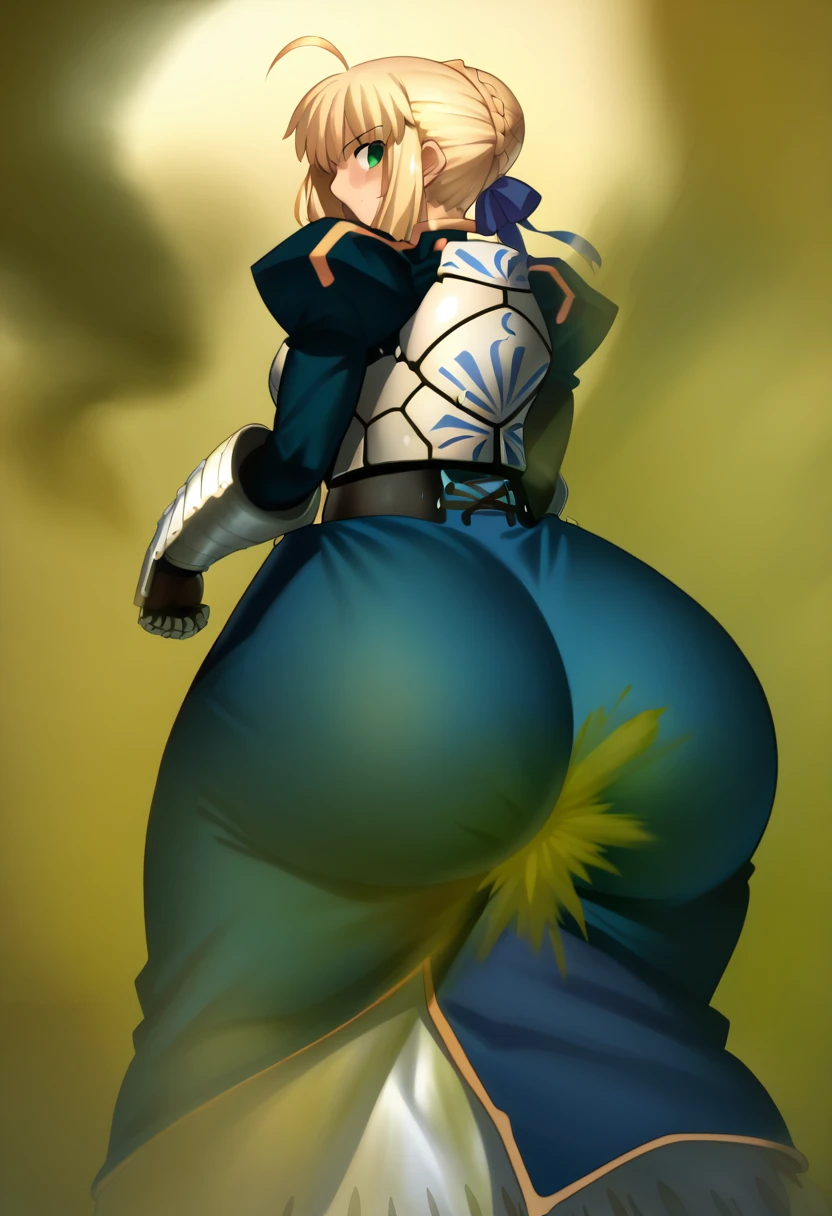 Highest quality, masterpiece, High Resolution, 1 girl, artoria pendragon, artoria pendragon \(fate\), saber, blonde hair, green eyes, ahoge, sidelocks, Ass, hyper Ass, huge Ass, big ass, wide hip,  ass focus, gigantic ass, thick thighs, massive thighs, fart, farting, yellow_smoke, yellow_gas, sprays, hair bun, single hair bun, braid, dress, ribbon, hair ribbon, armor, gauntlets, armored dress,