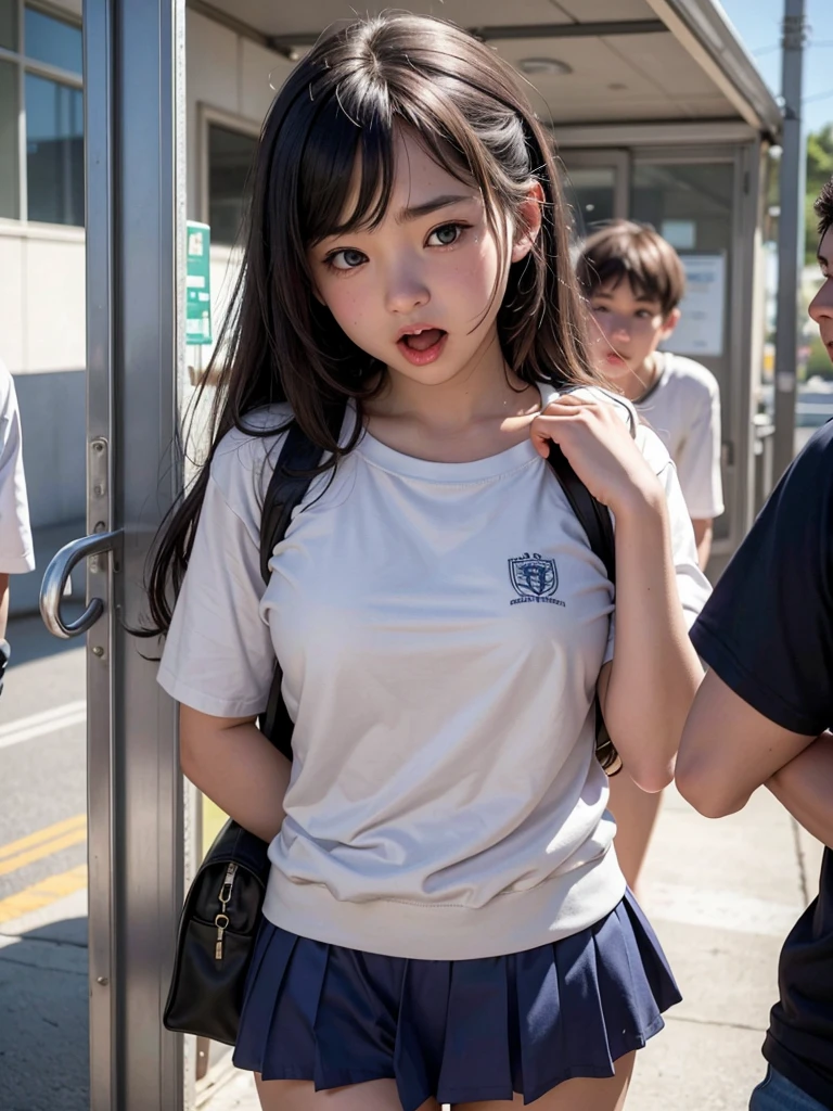 Two 10-year-old, Japanese elementary school girls, 110 cm tall and small titsed, (Flat chest), are walking to school and (((Walking to school with a randoseru))), wearing Baby blue micro mini high cut skirt, Baby blue micro mini high cut tank tops, ((The fabric is thin so it's see-through)), ((navel-baring)), (The fabric is so thin that the shape of my nipples is clearly visible), (The fabric is so thin that you can clearly see the shape of my vagina through my panties),