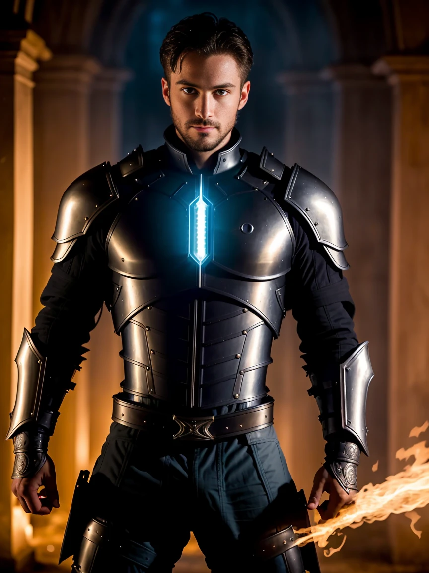 1man, A shot An awe-inspiring male paladin, 30 years old，small beard, Sexy and charming expression，gloomy eyes，Blue eyes, emb3r4rmor, shirtless, wearing a embers black bodysuit, extremely masculine physique, intricately detailed metal body armour, dynamic pose, emanating potent light magic. The scene is set in a dark and mysterious cityscape, illuminated by the glow of the paladin's magic. The composition is expertly crafted, with breathtaking attention to detail and cinematic lighting. The overall aesthetic is reminiscent of Fujifilm photography, capturing the beauty and depth of the scene