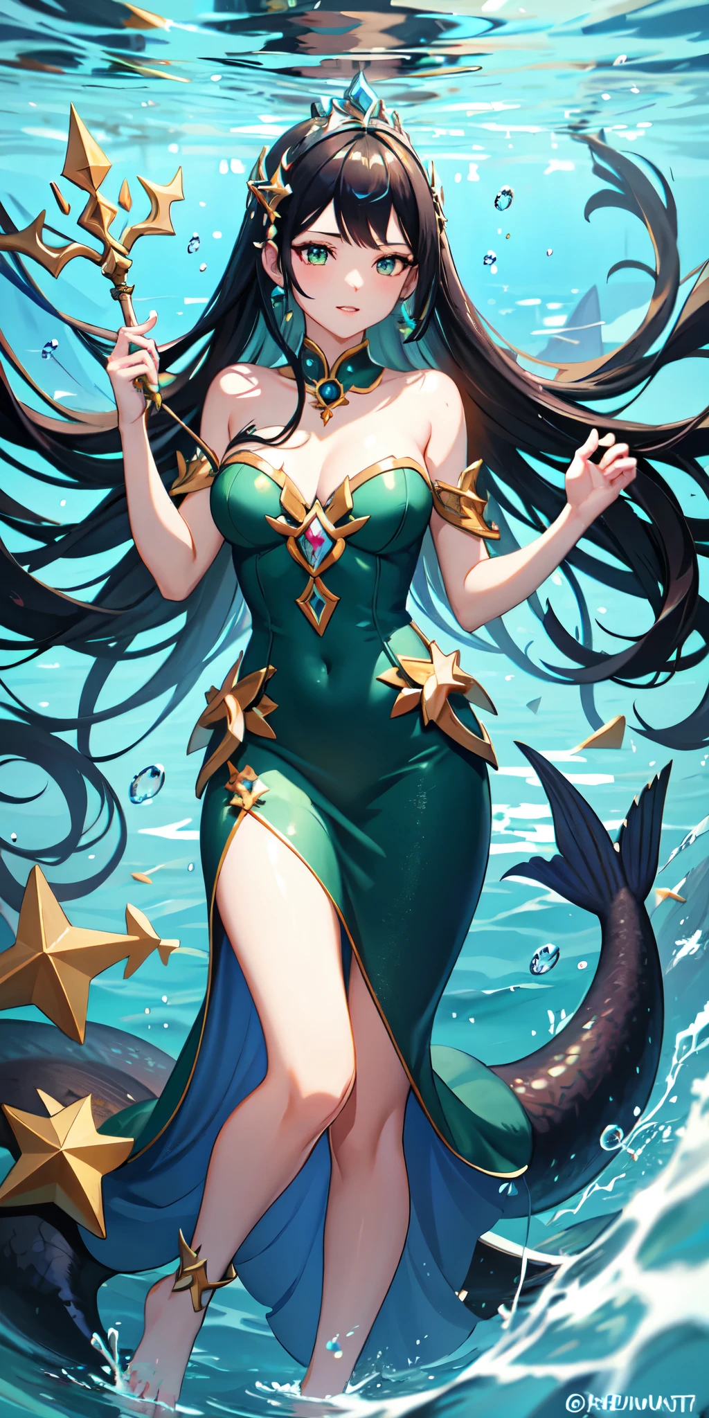 4K,High resolution,one woman,mermaid,dark blue hair,long hair,green eyes,big breasts,knight,armor made of shells,princess tiara,Jewelry Decoration,Pearl decoration,Long sword,underwater,Undersea Temple